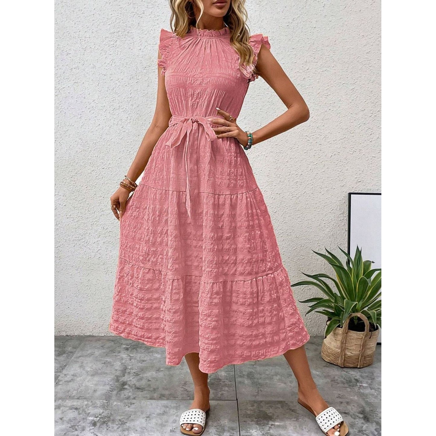 Tied Ruffled Cap Sleeve Midi Dress