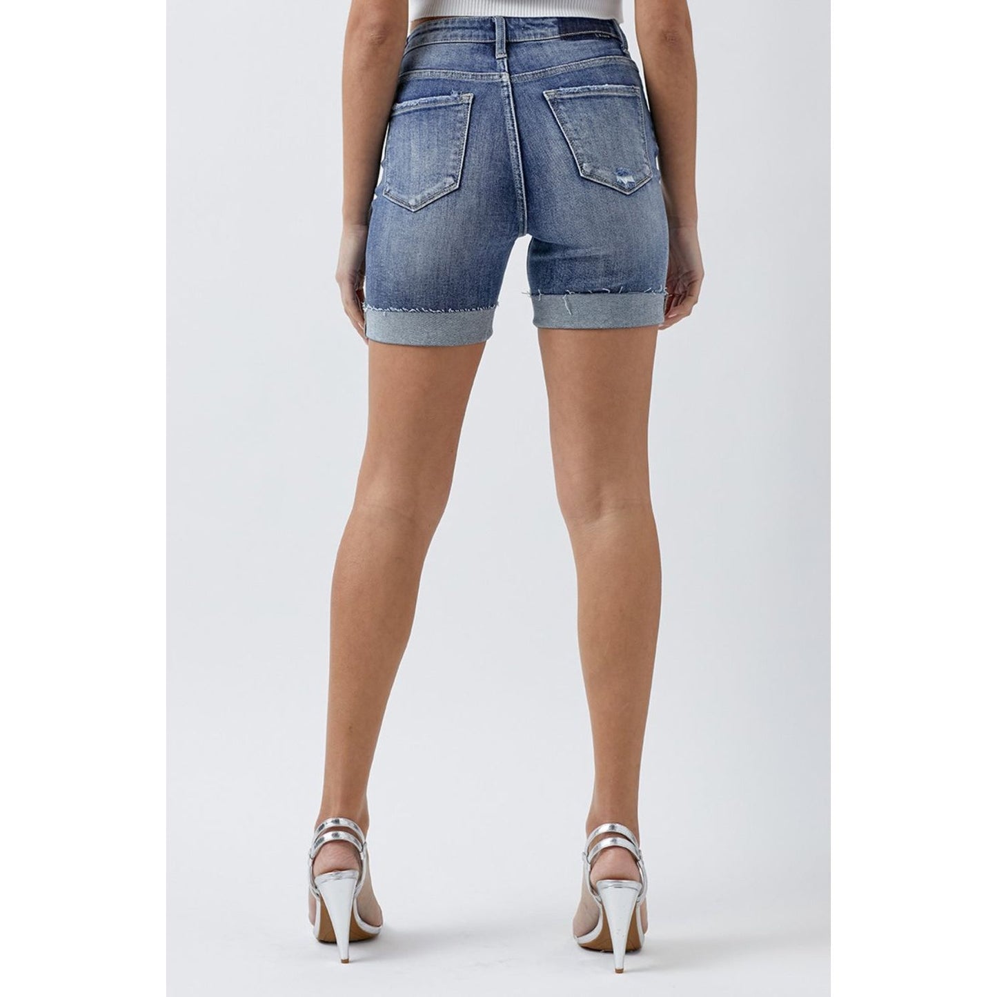 RISEN Full Size Distressed Rolled Denim Shorts with Pockets