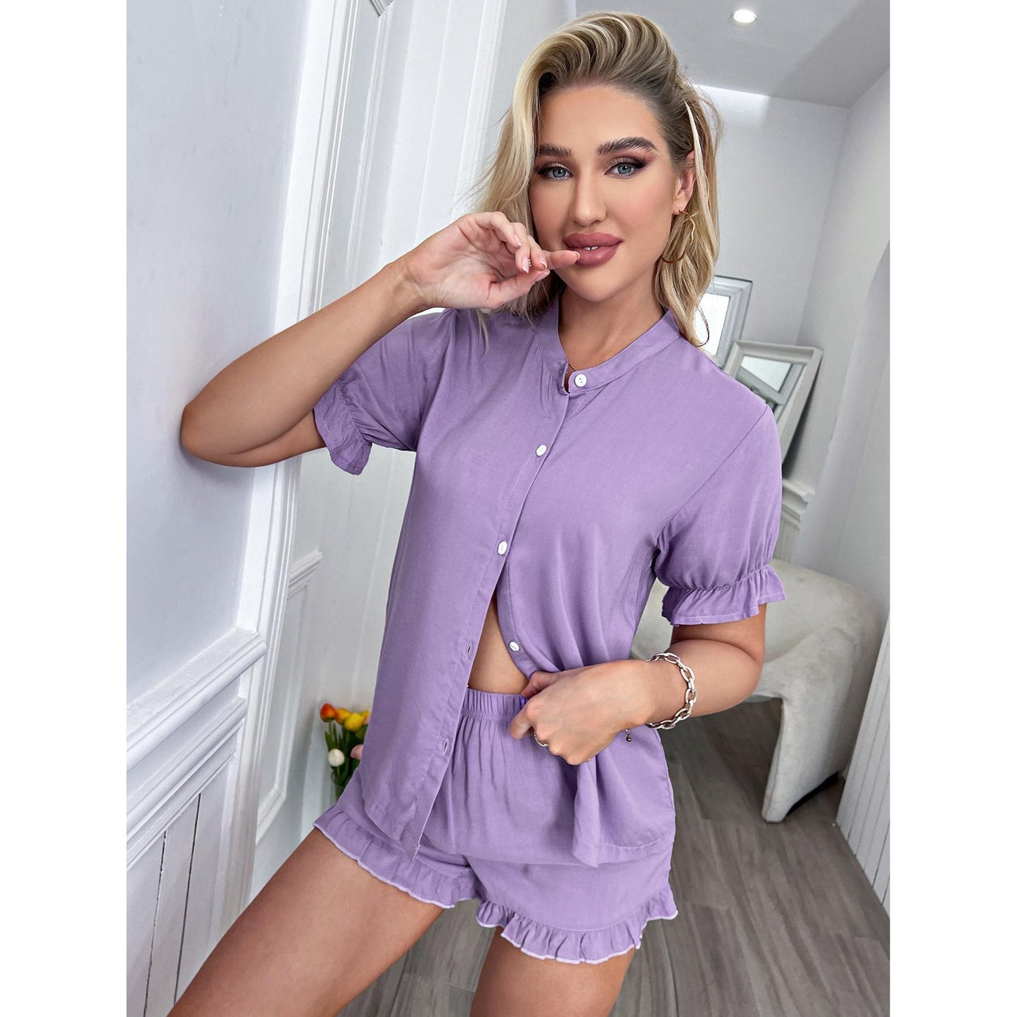 Flounce Sleeve Shirt and Frill Trim Shorts Lounge Set