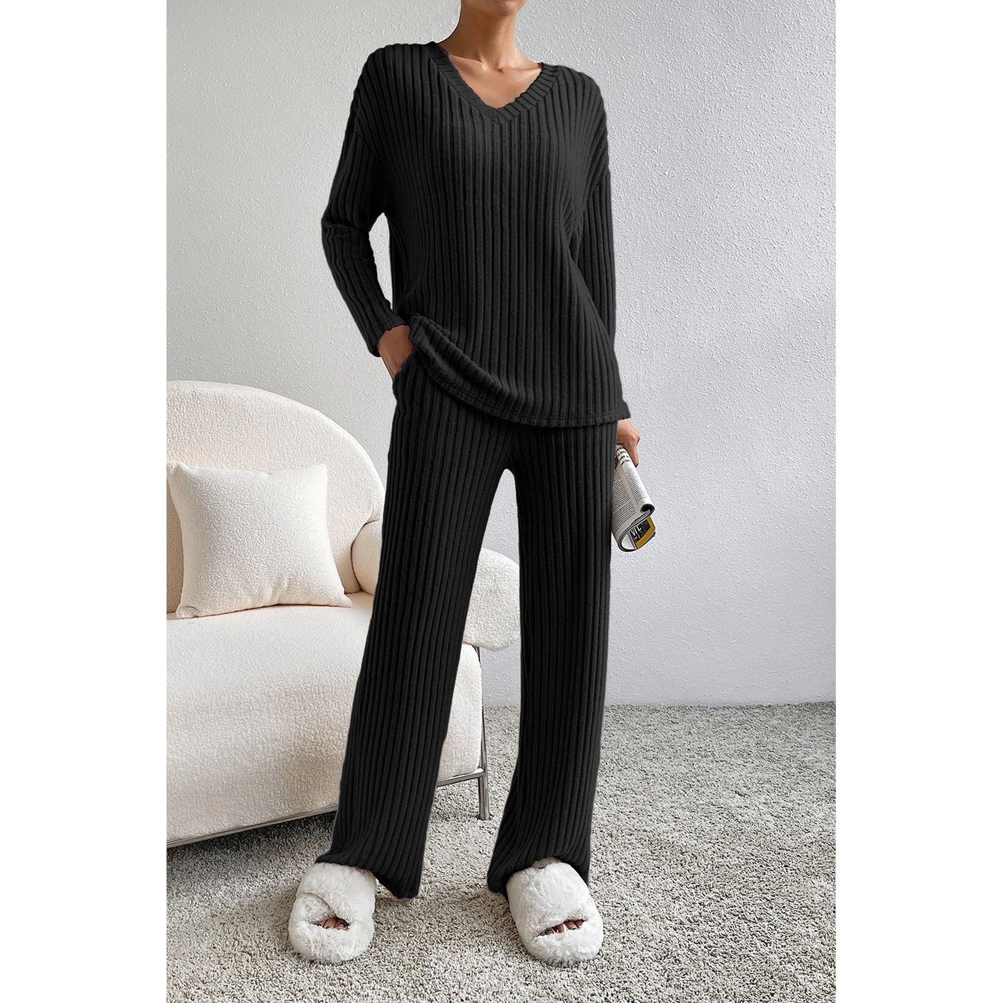 Ribbed V-Neck Top and Pants Lounge Set