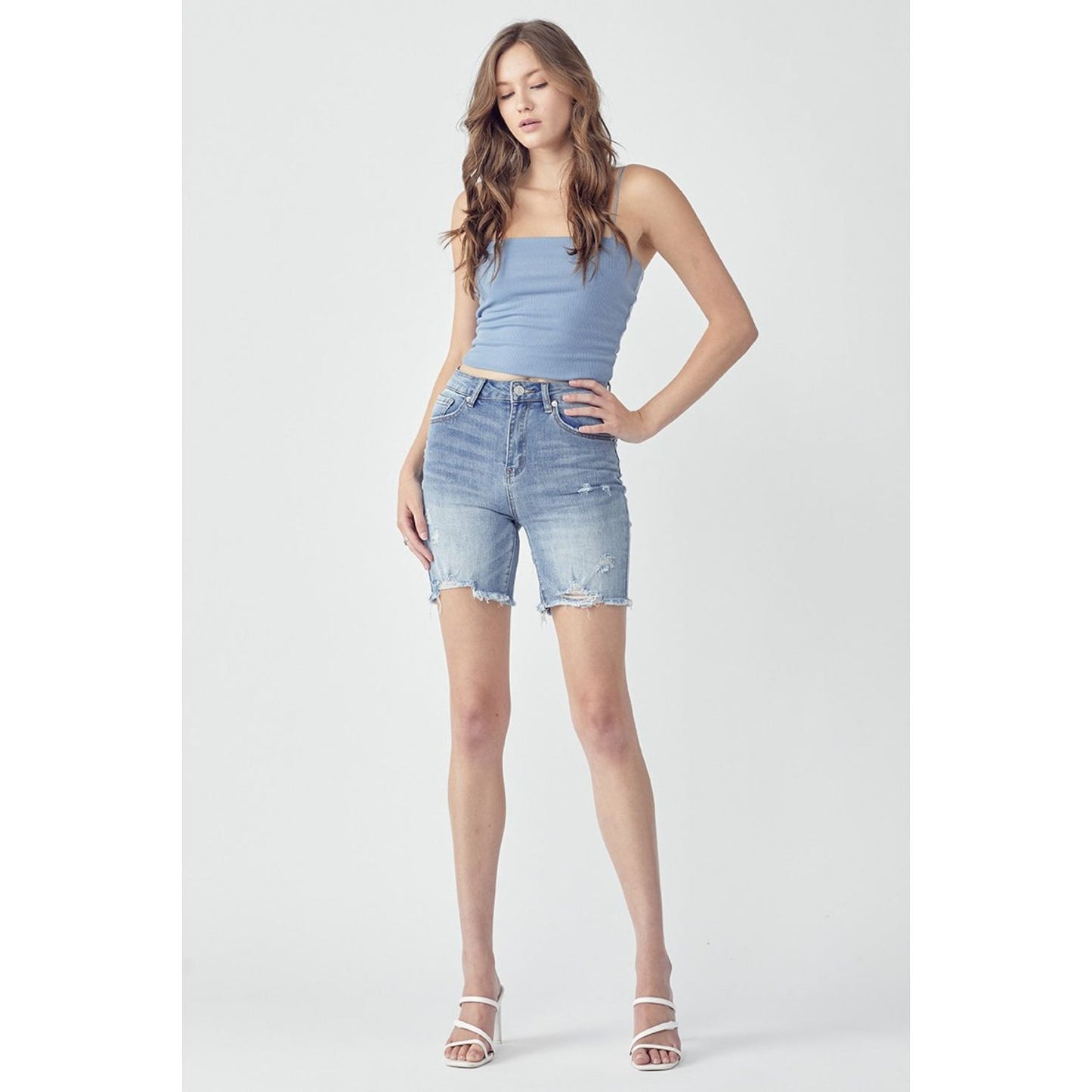 RISEN High Rise Distressed Denim Shorts