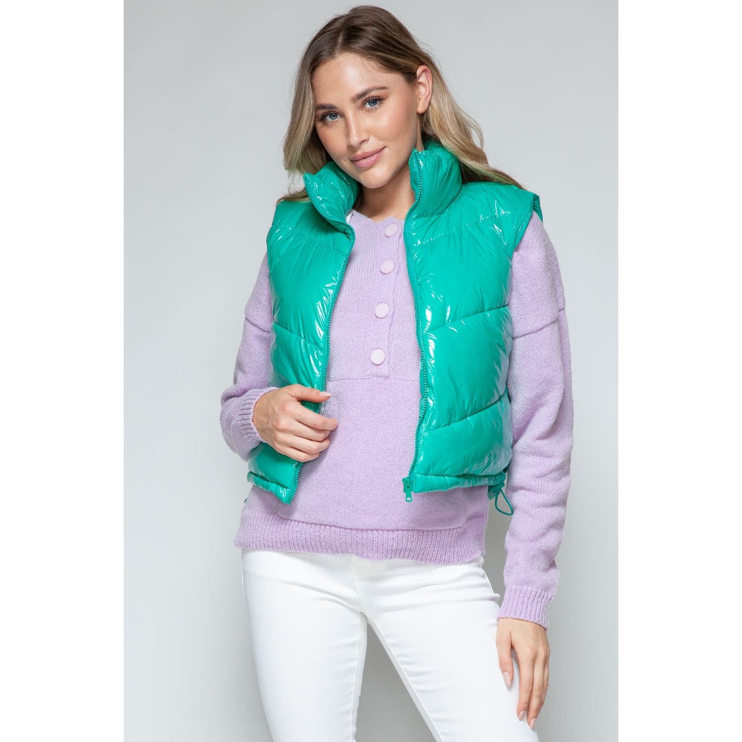 Snobbish Zip Up Turtleneck Shiny Quilted Vest