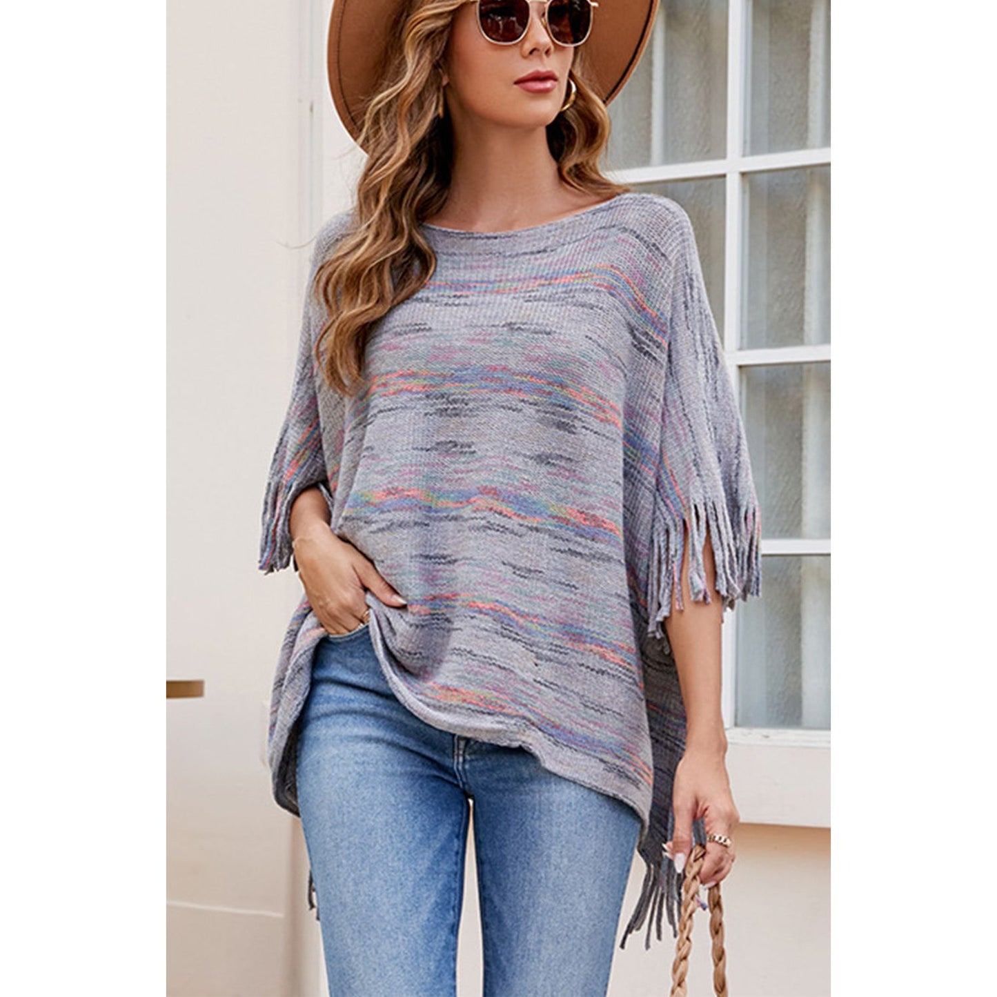 Round Neck Fringe Detail Sleeve Poncho