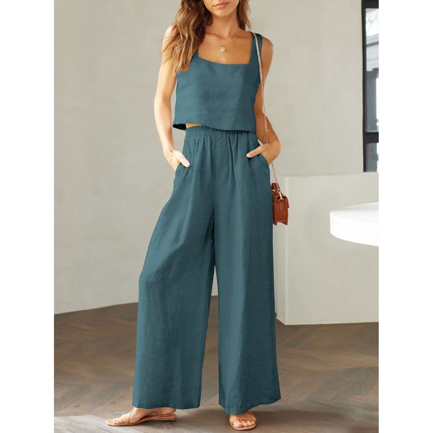 Square Neck Top and Wide Leg Pants Set