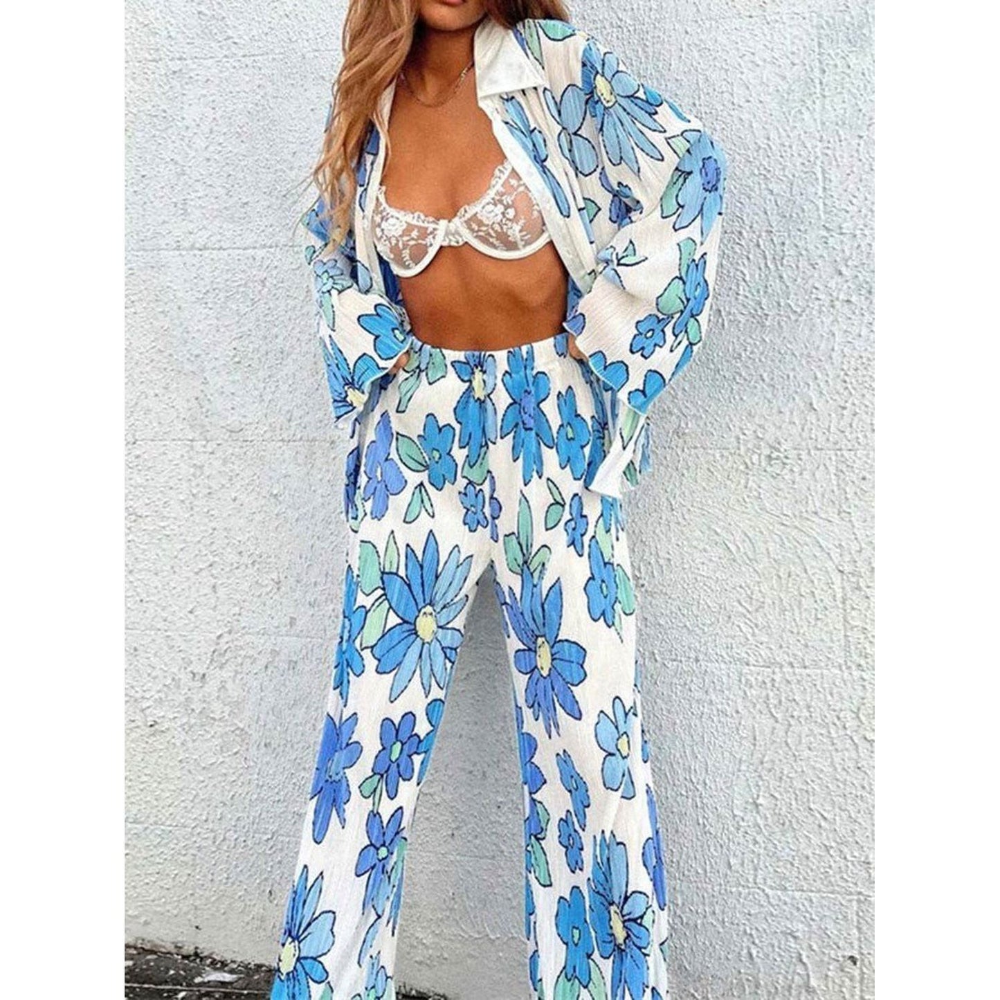 Printed Collared Neck Long Sleeve Top and Pants Lounge Set