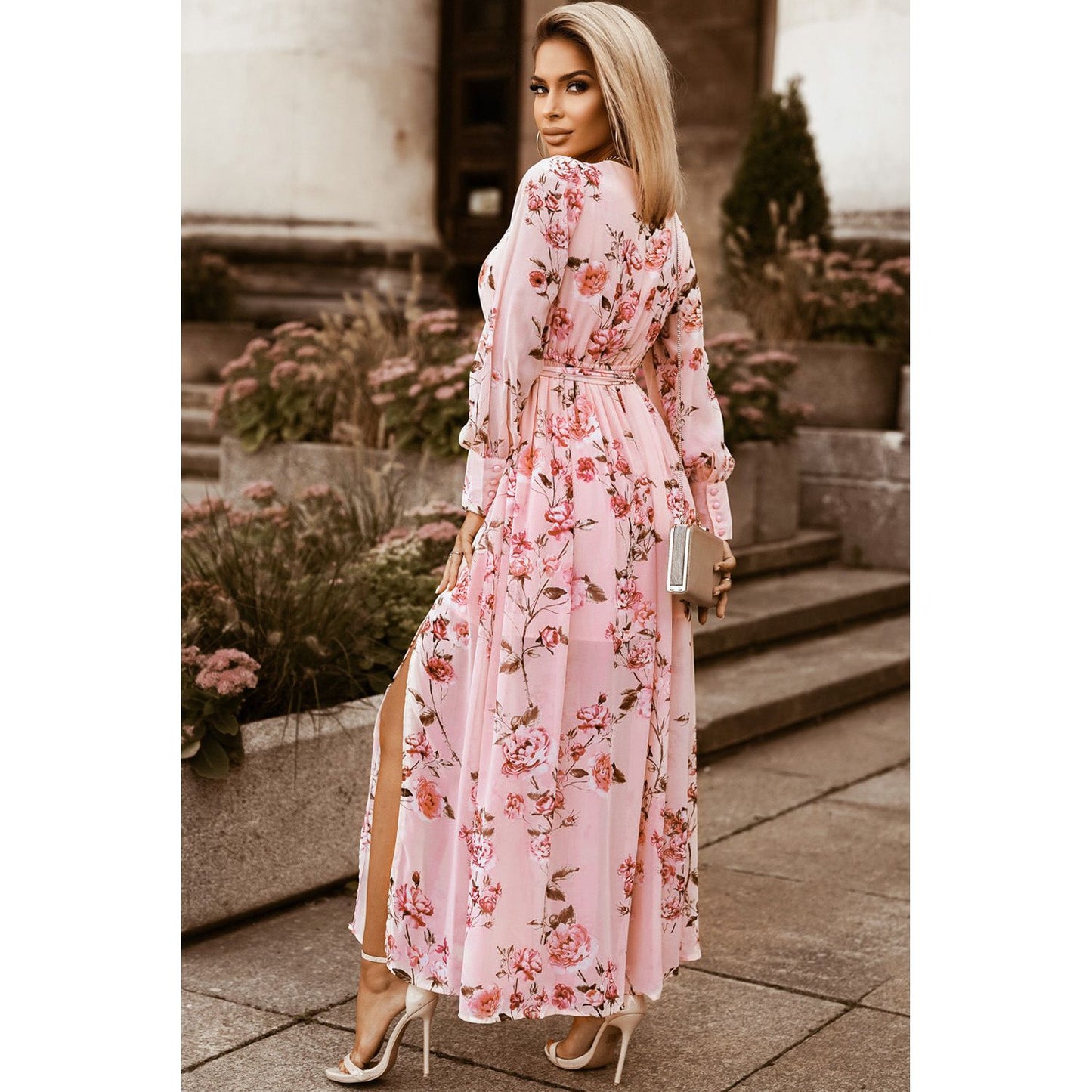 Floral Tie Belt Bishop Sleeve Slit Maxi Dress