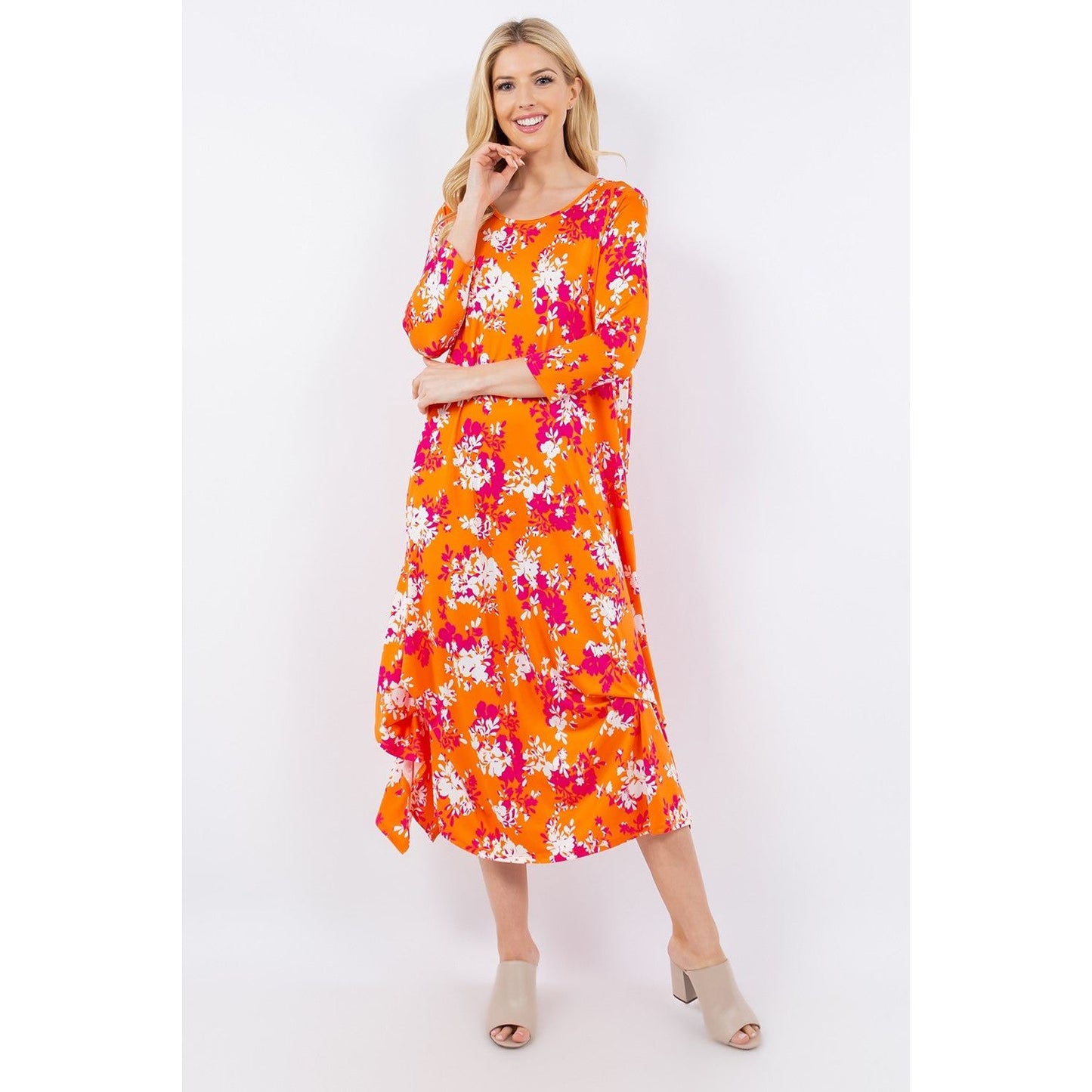 Celeste Full Size Pick-Up Hem Asymmetric Floral Midi Dress