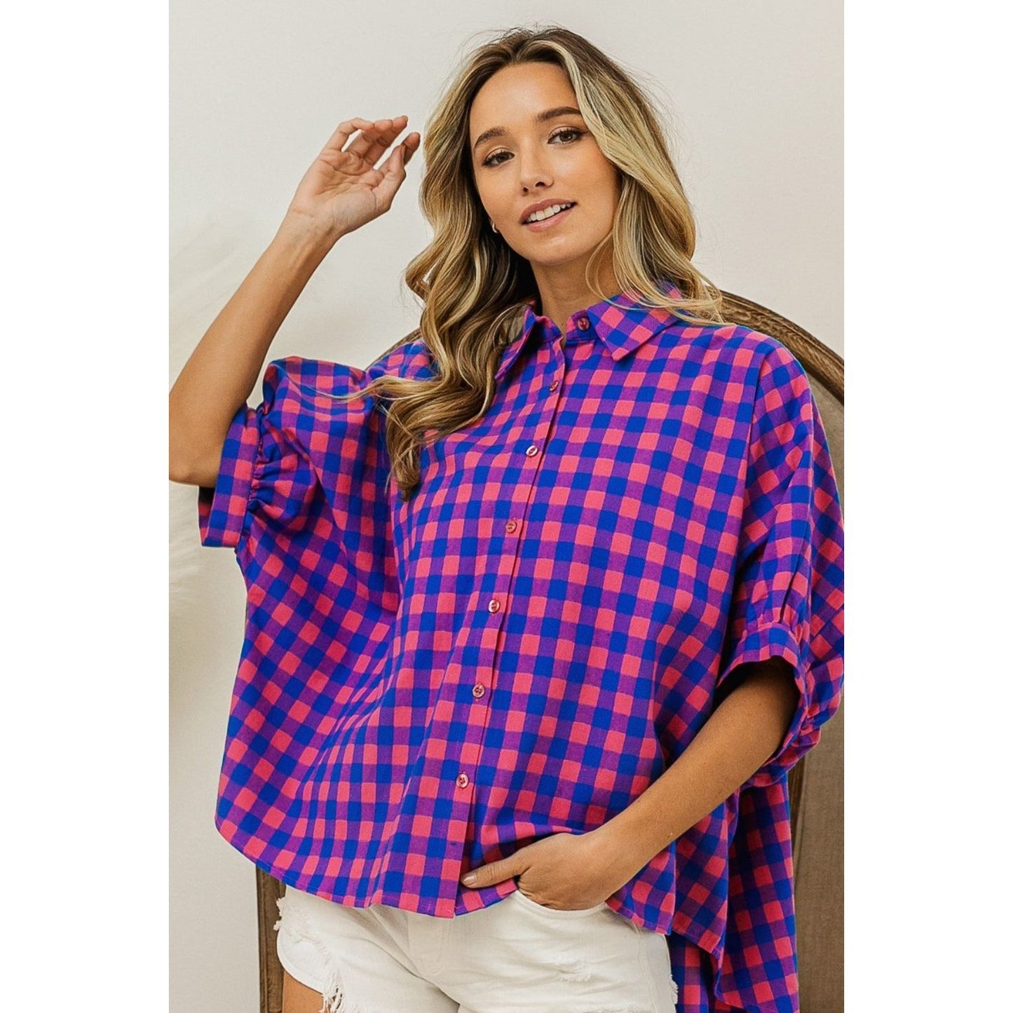 BiBi Plaid Button Up Dolman Sleeve Shirt