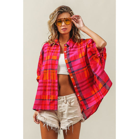 BiBi Button Up Dolman Sleeve Plaid Shirt