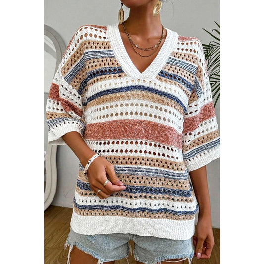 Openwork V-Neck Half Sleeve Knit Top