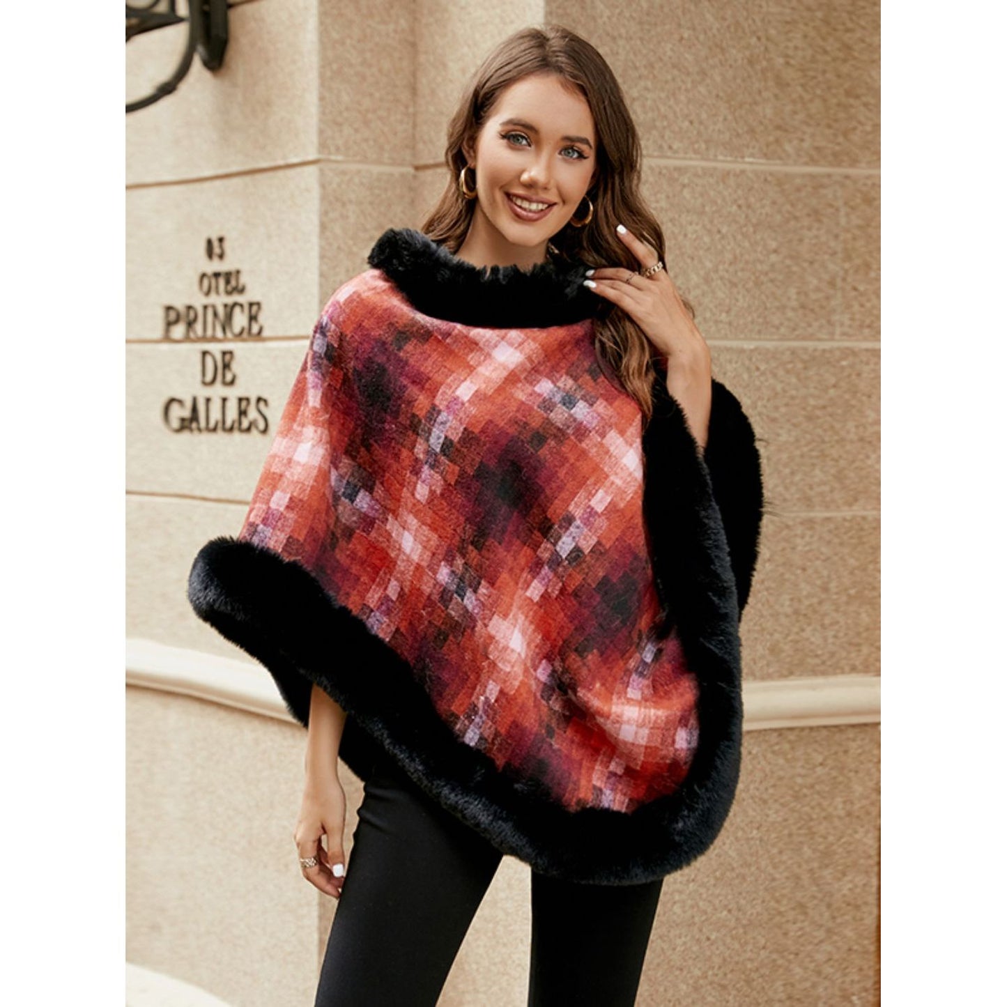 Faux Fur Trim Poncho