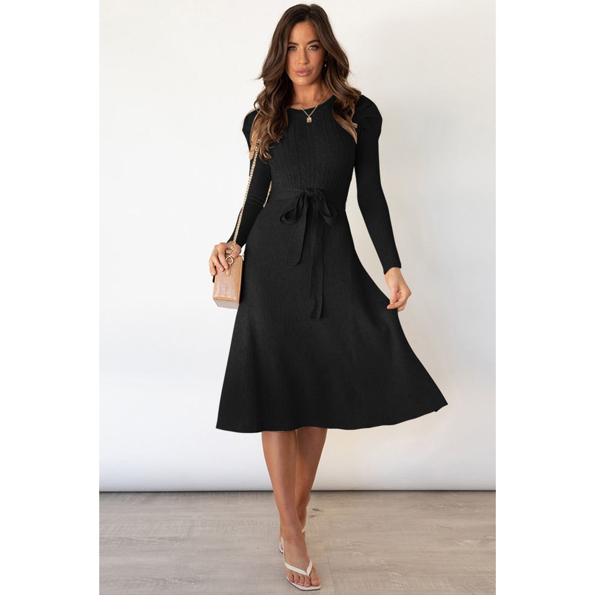 Round Neck Long Sleeve Tie Waist Sweater Dress