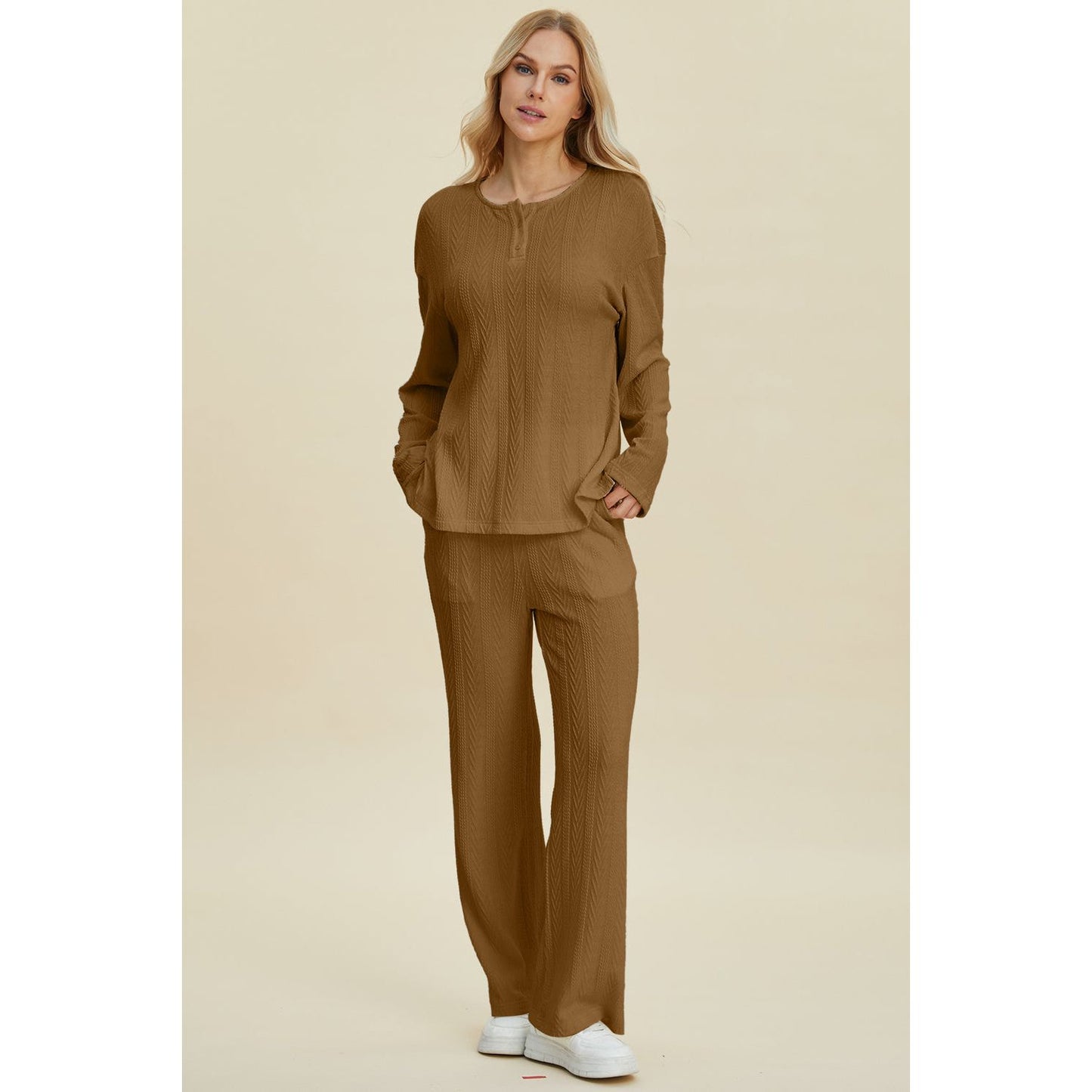 Double Take Full Size Cable-Knit Long Sleeve Top and Pants Set