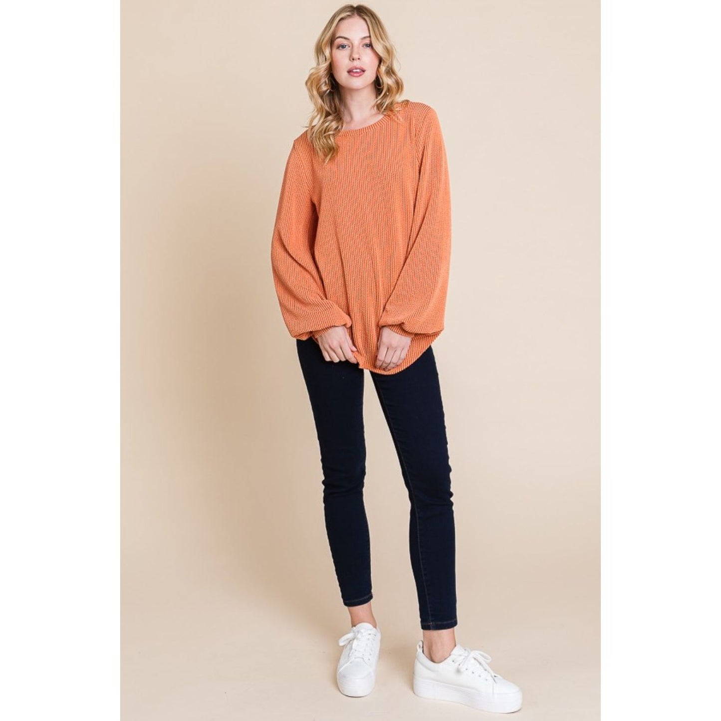 BOMBOM Long Sleeve Curved Hem Ribbed T-Shirt