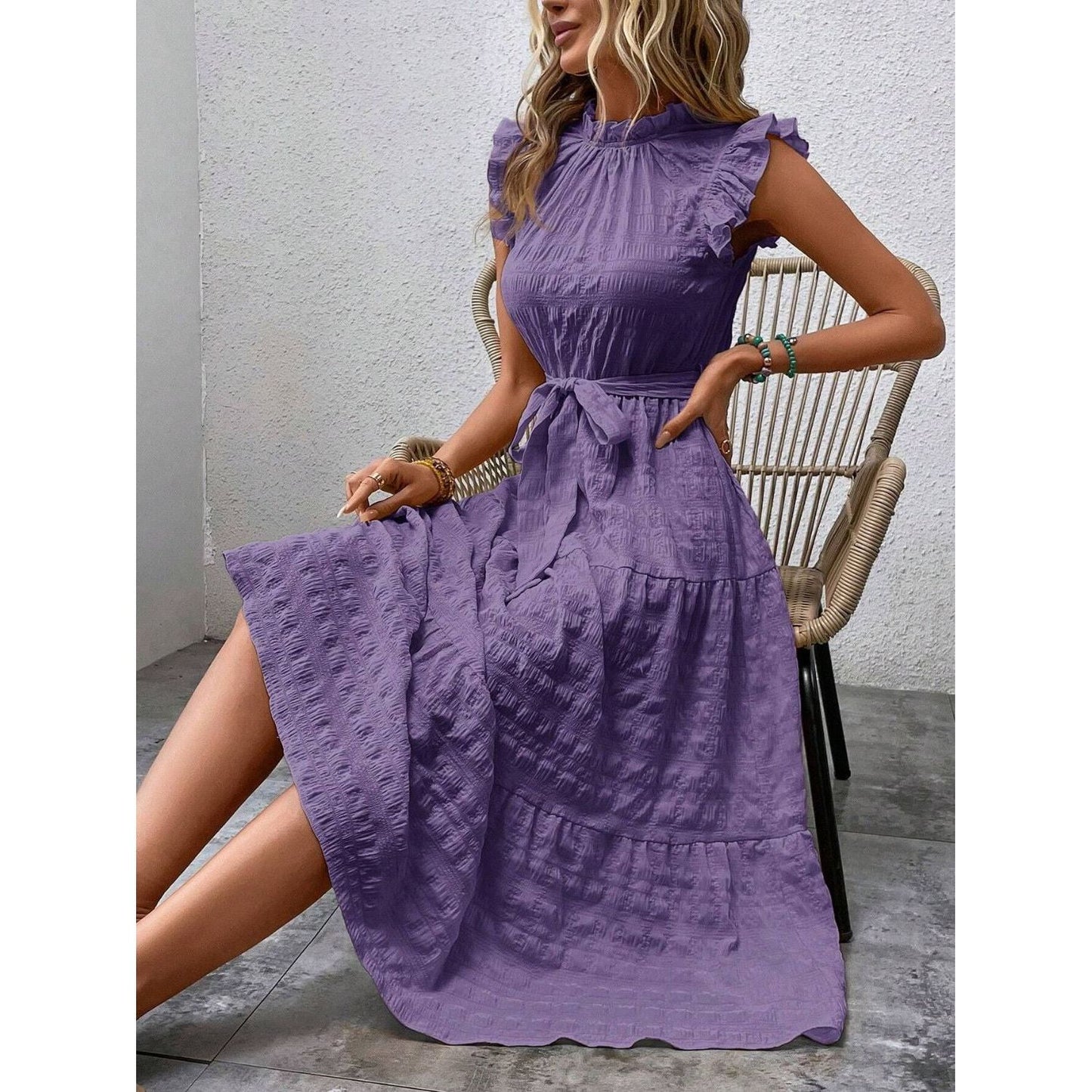 Tied Ruffled Cap Sleeve Midi Dress