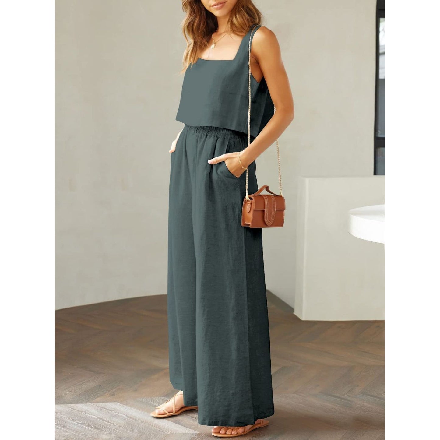 Square Neck Top and Wide Leg Pants Set