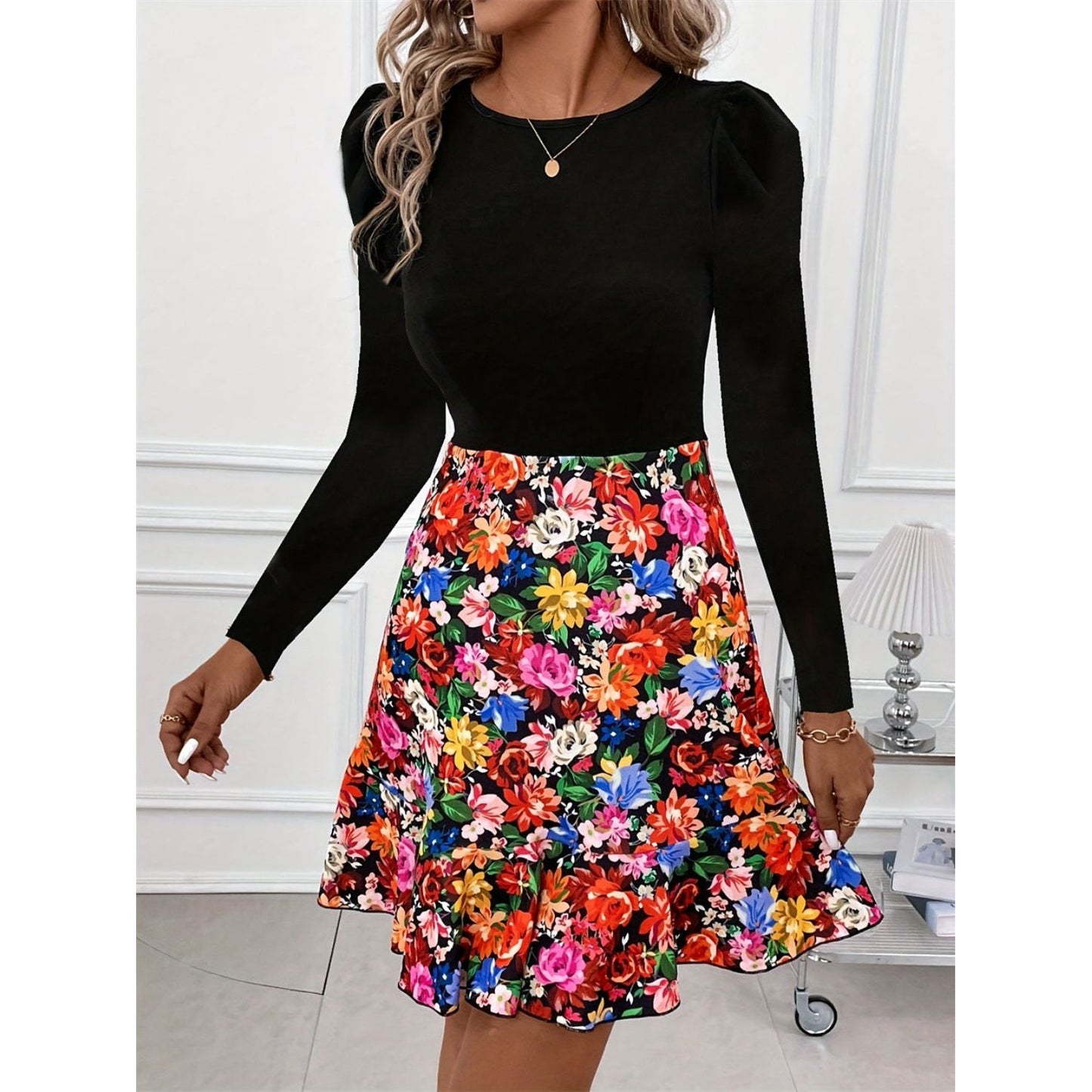 Floral Round Neck Long Sleeve Dress