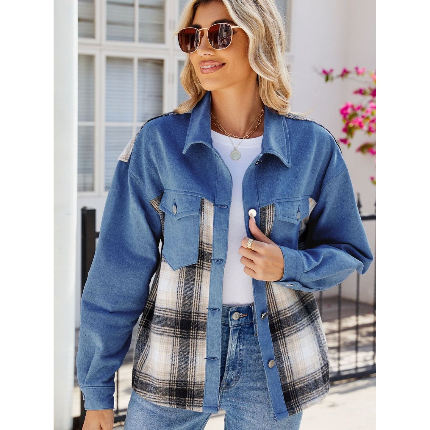 Plaid Button Up Long Sleeve Denim Jacket