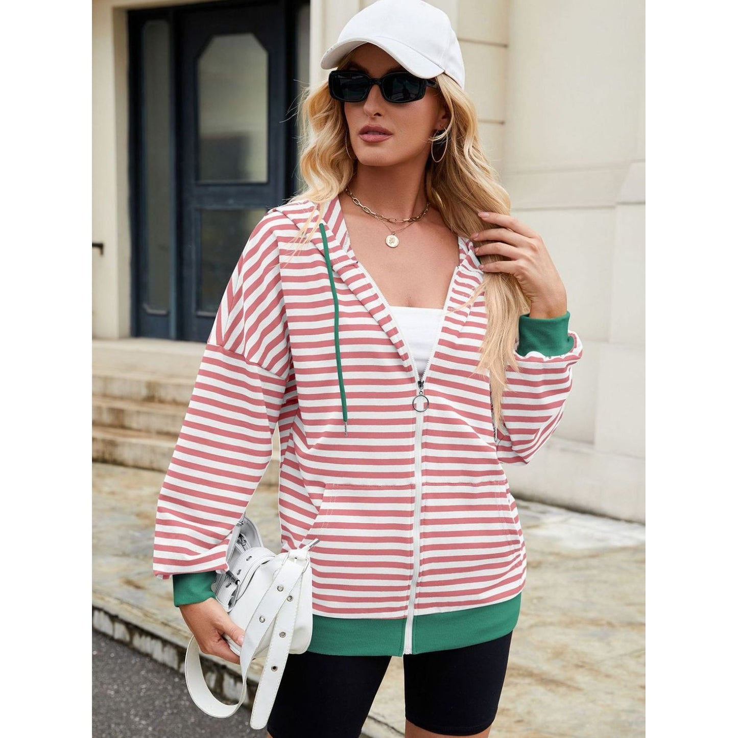 Drawstring Striped Zip Up Long Sleeve Hoodie