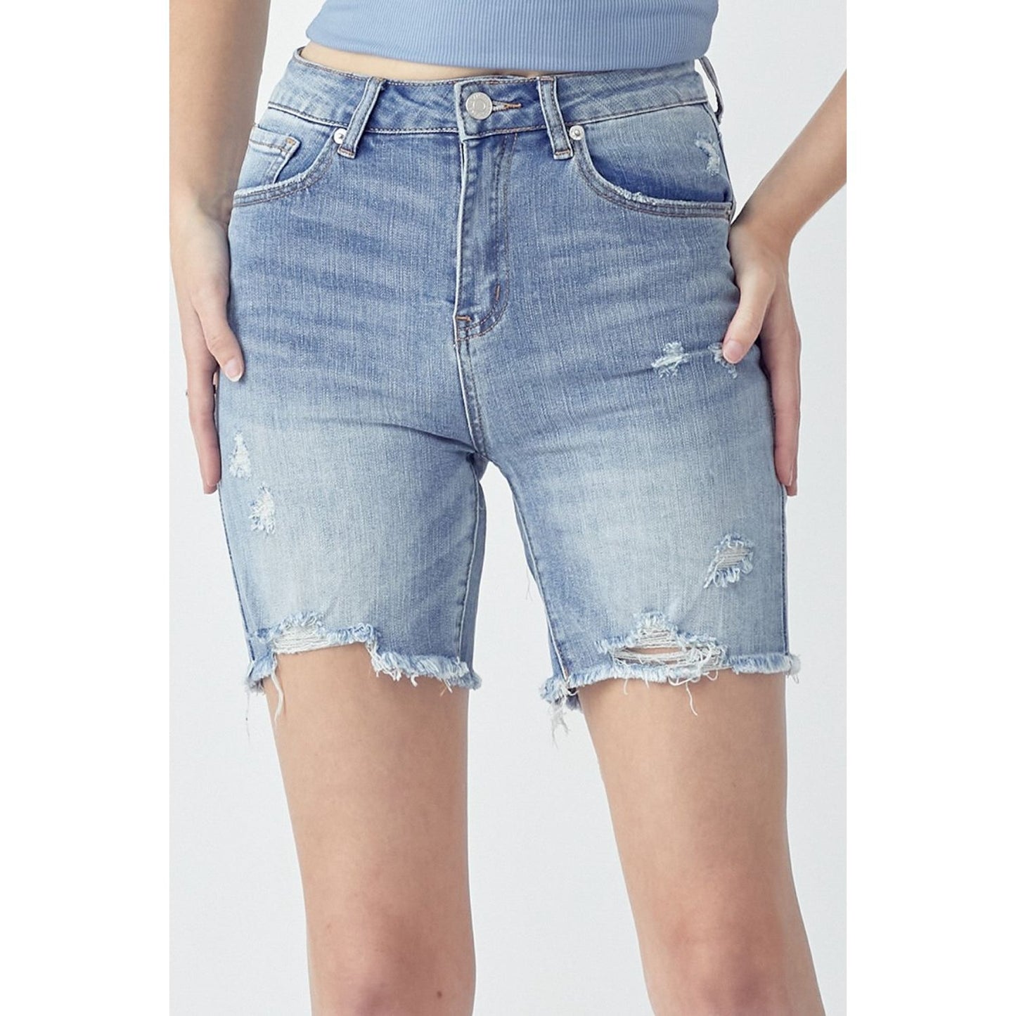 RISEN High Rise Distressed Denim Shorts