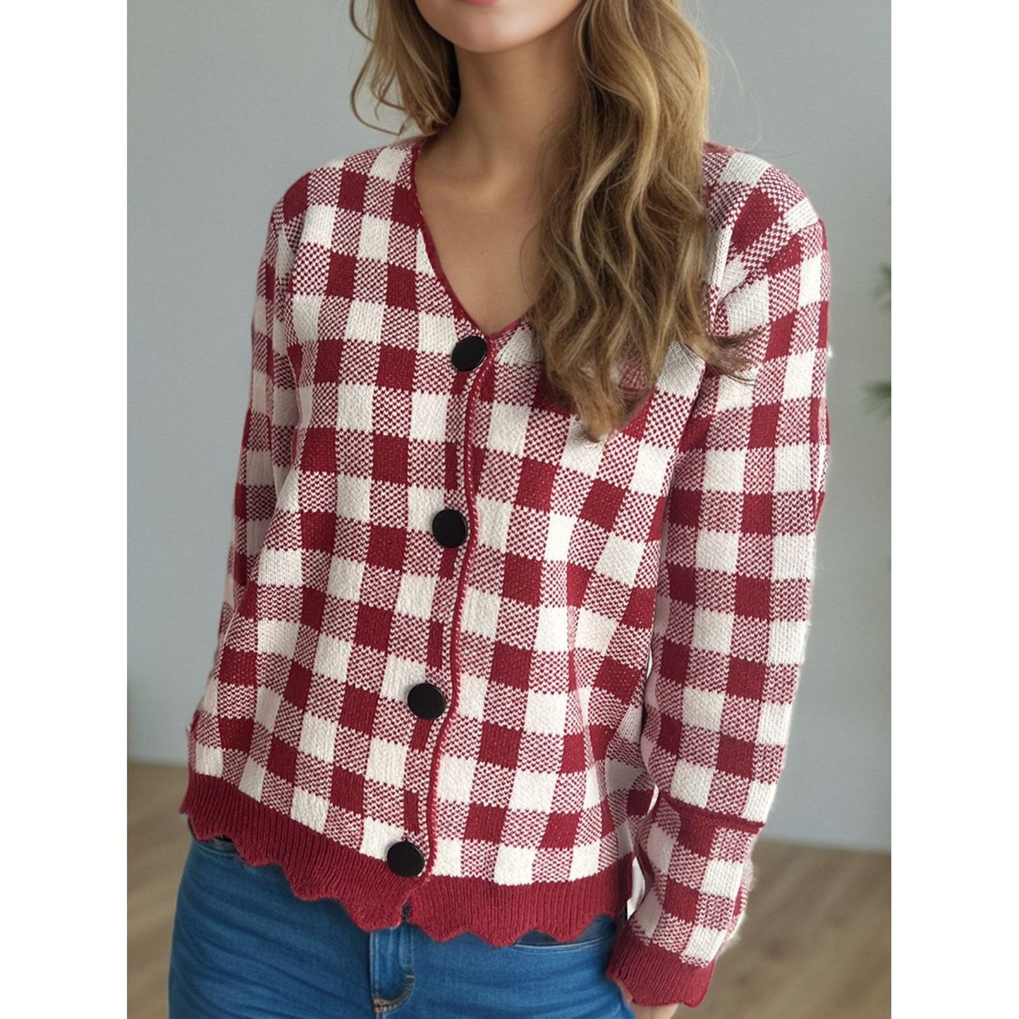 Plaid V-Neck Button Up Cardigan