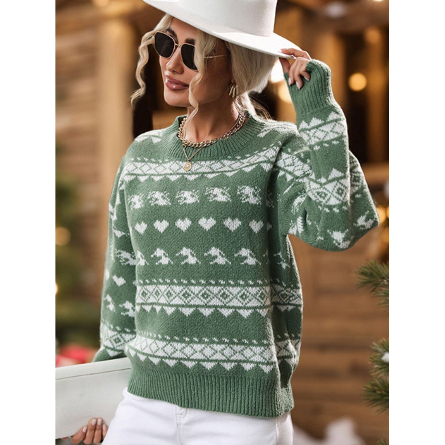 Perfee Geometric Round Neck Dropped Shoulder Sweater