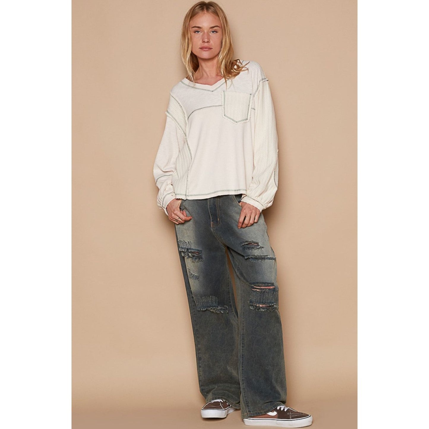 POL V-Neck knit Panel Exposed Seam Top