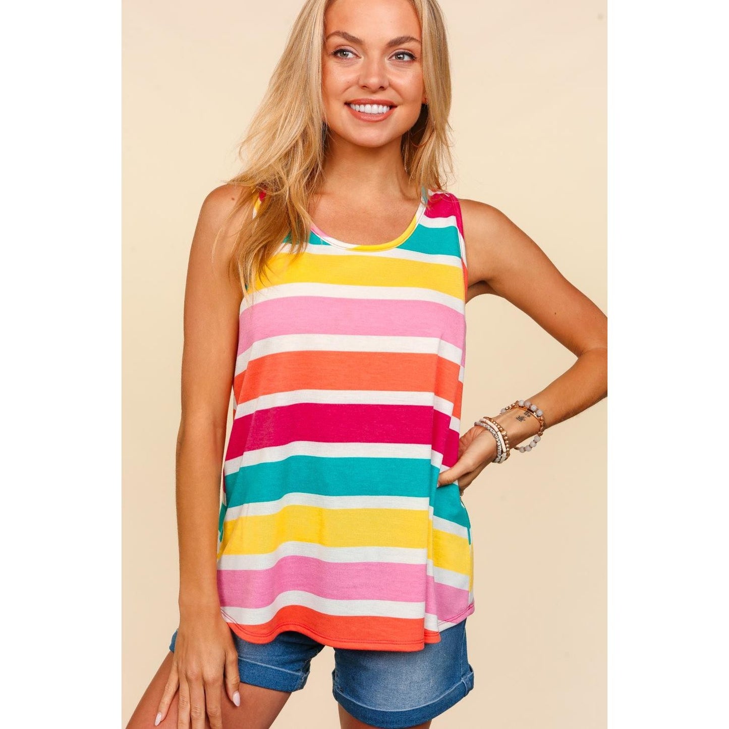 Haptics Round Neck Striped Knit Tank