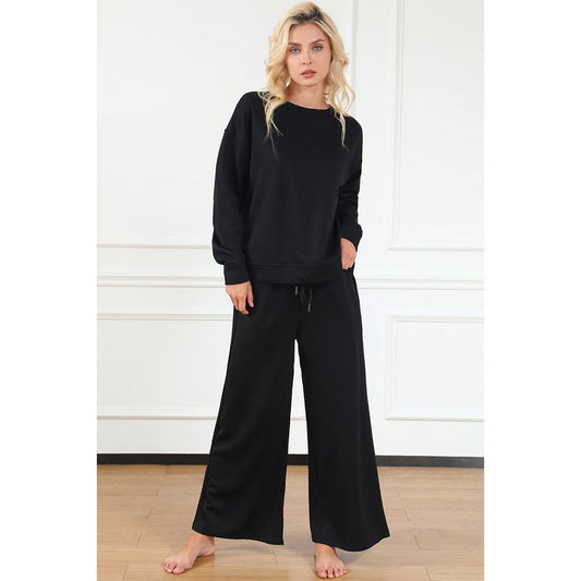 Double Take Full Size Textured Long Sleeve Top and Drawstring Pants Set