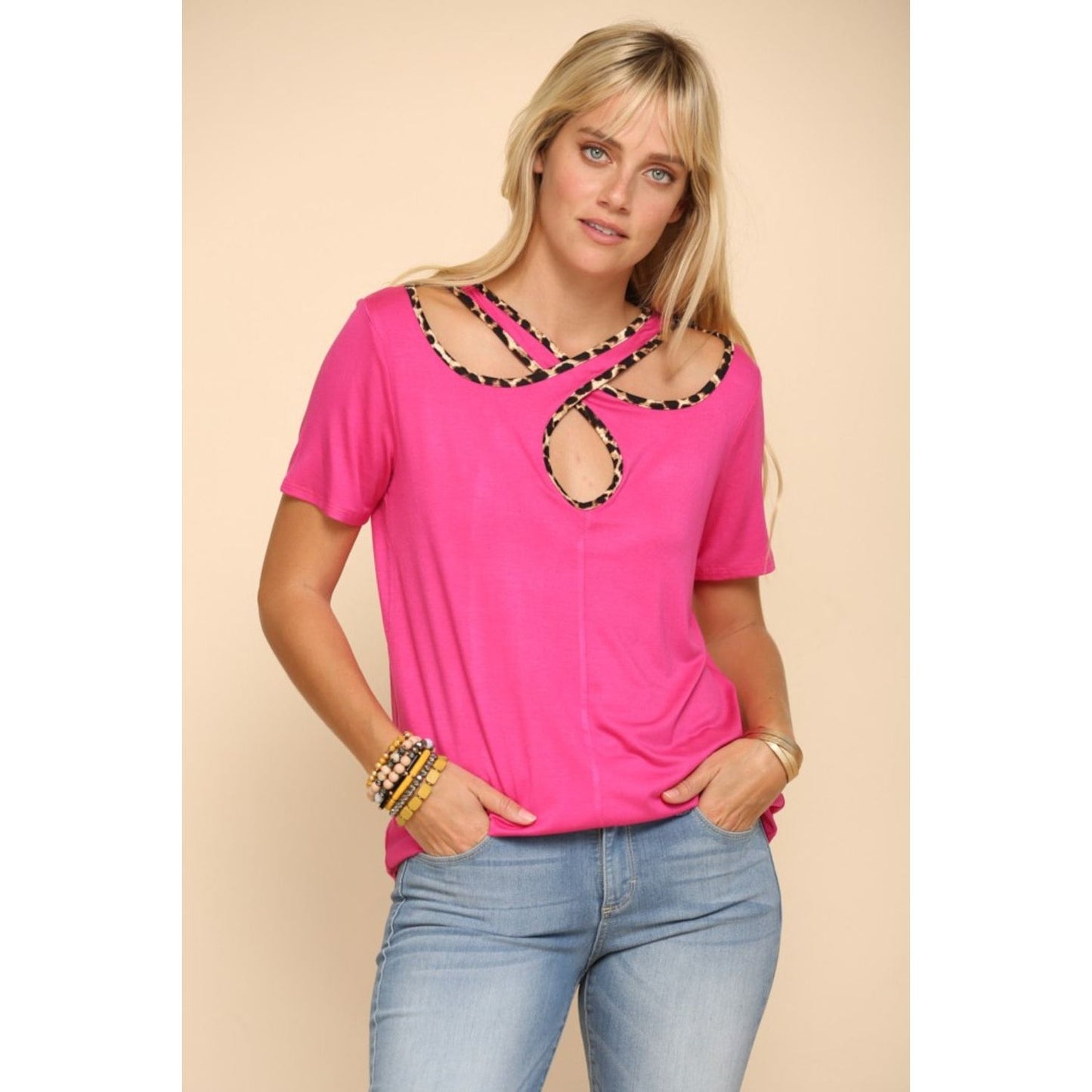 Celeste Full Size Crisscross Cutout Leopard Contrast Trim T-Shirt