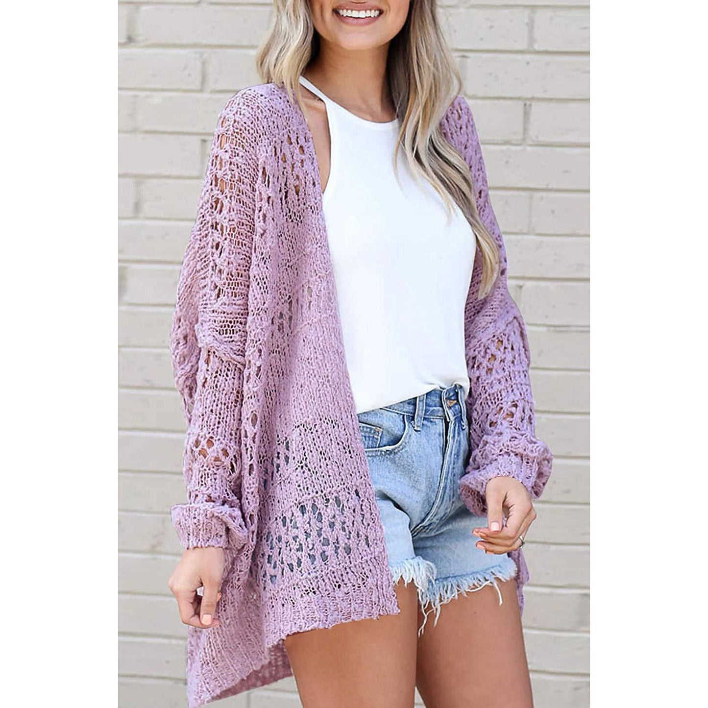 Openwork Open Front Long Sleeve Cardigan