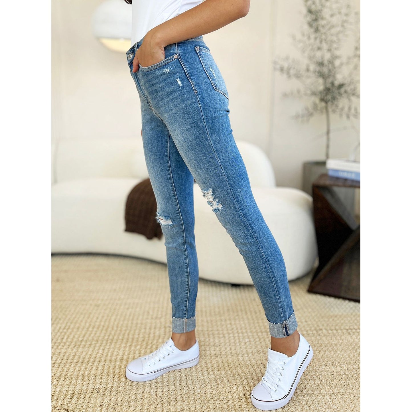 Judy Blue Full Size Mid Rise Destroy & Cuff Skinny Jeans