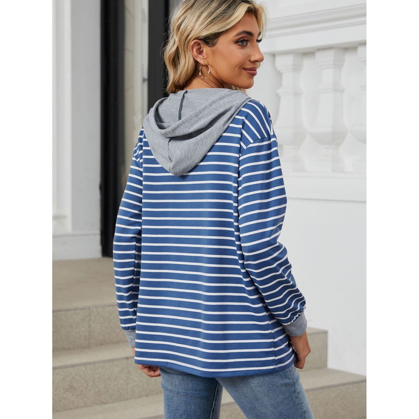 Drawstring Striped Long Sleeve Hoodie