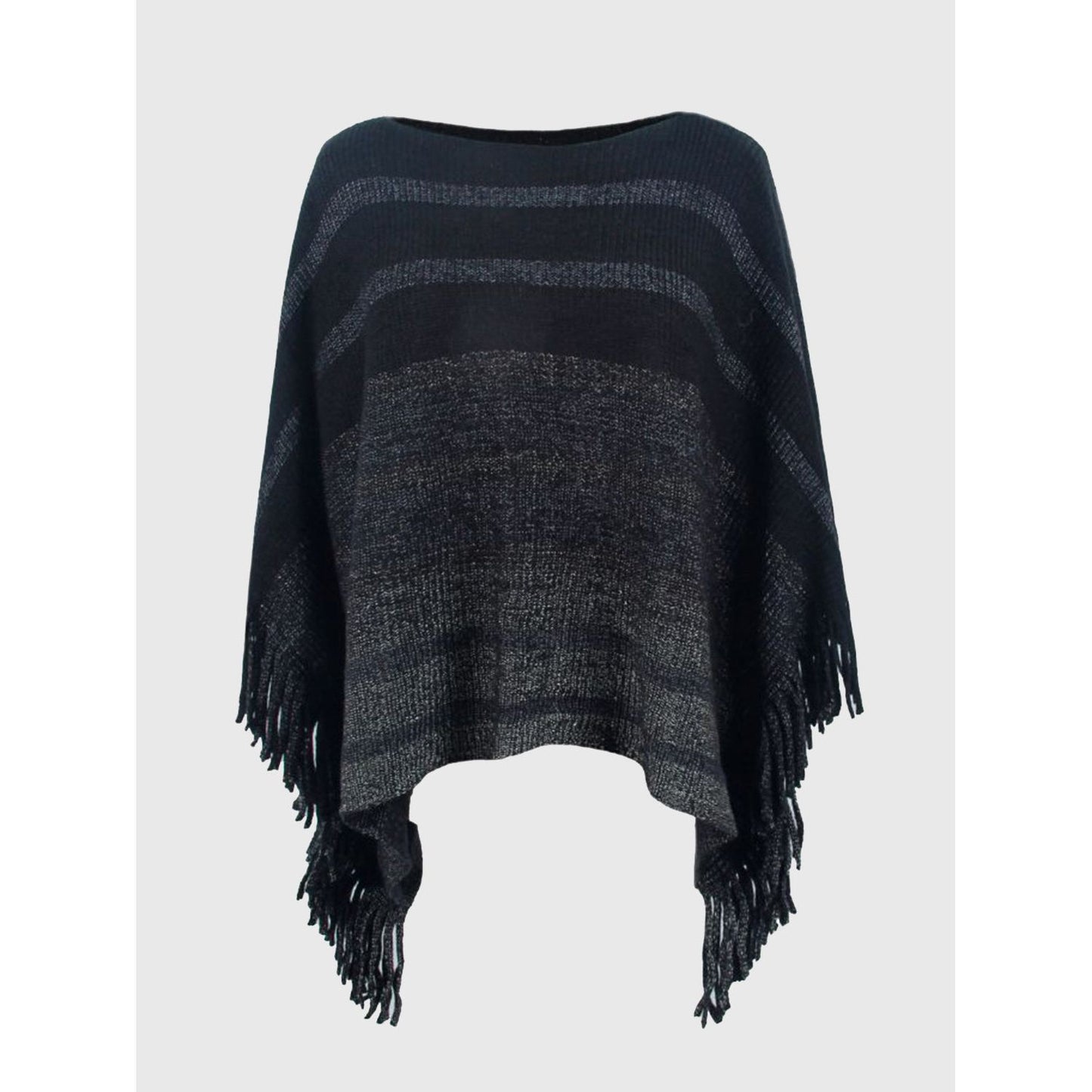 Striped Boat Neck Poncho with Fringes