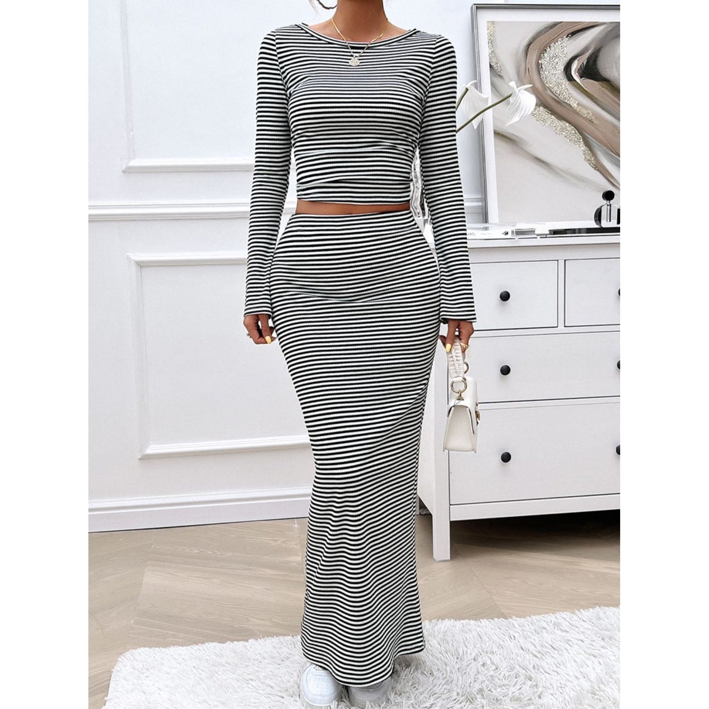 Devine Striped Boat Neck Top and Skirt Set