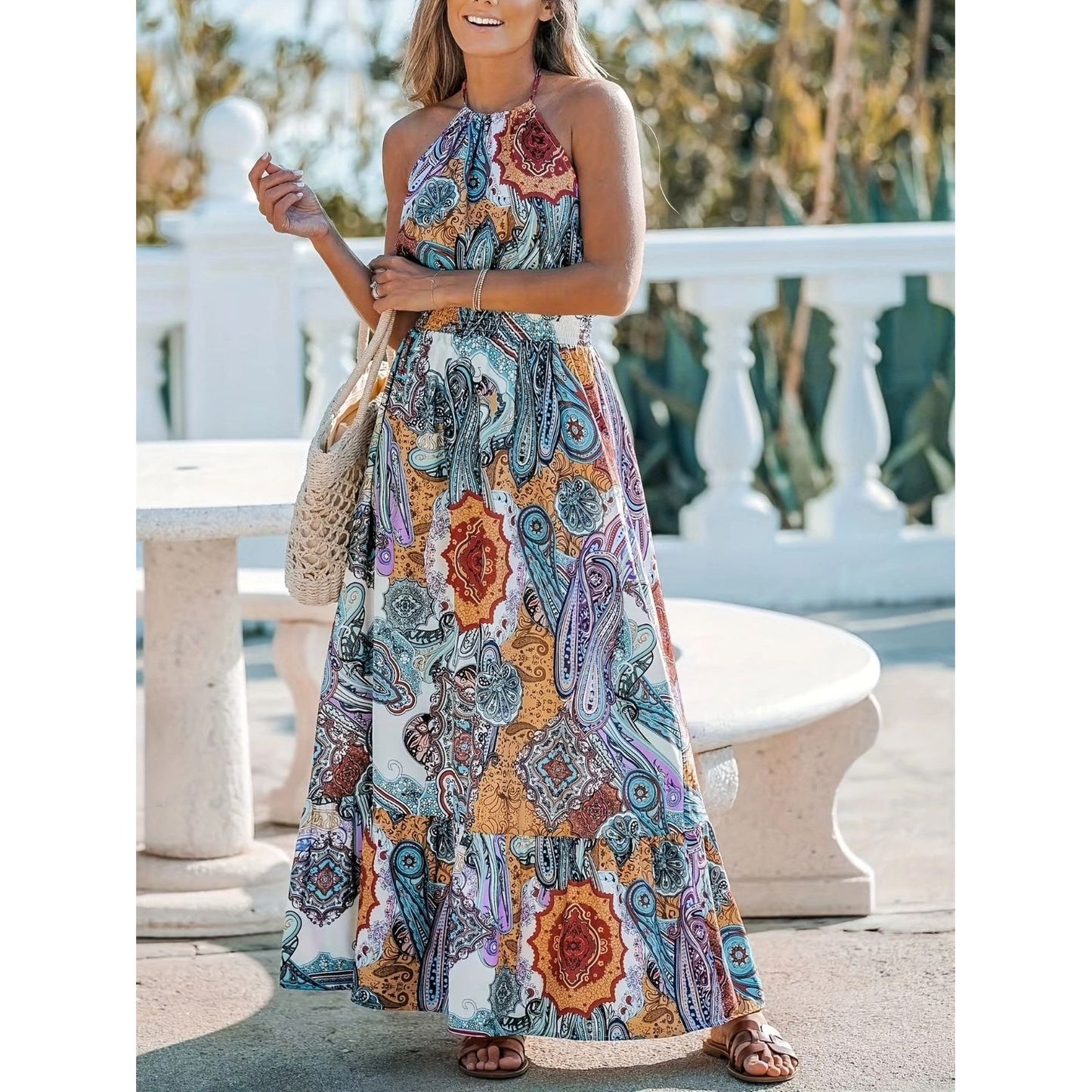 Printed Halter Neck Maxi Dress