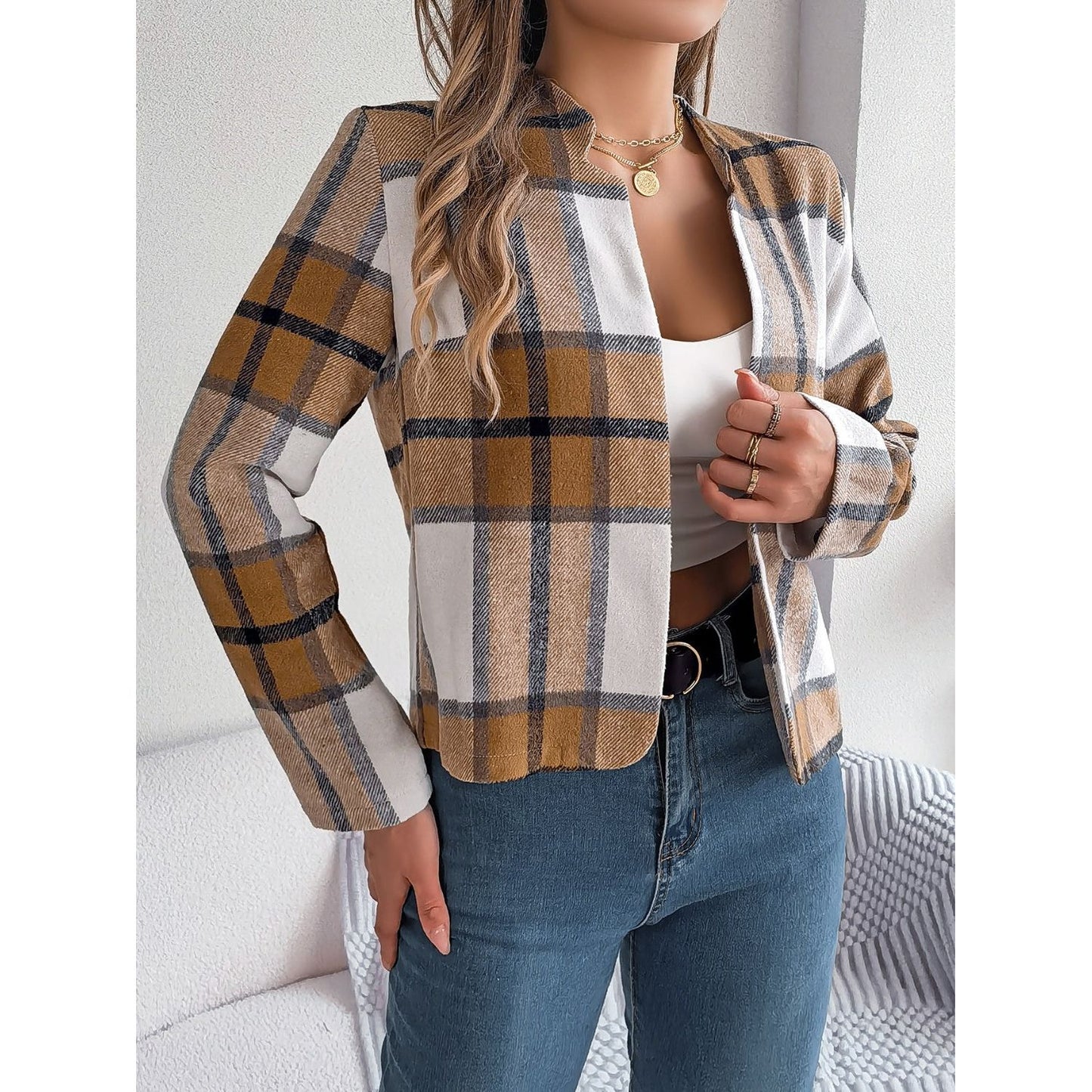 Plaid Open Front Long Sleeve Jacket