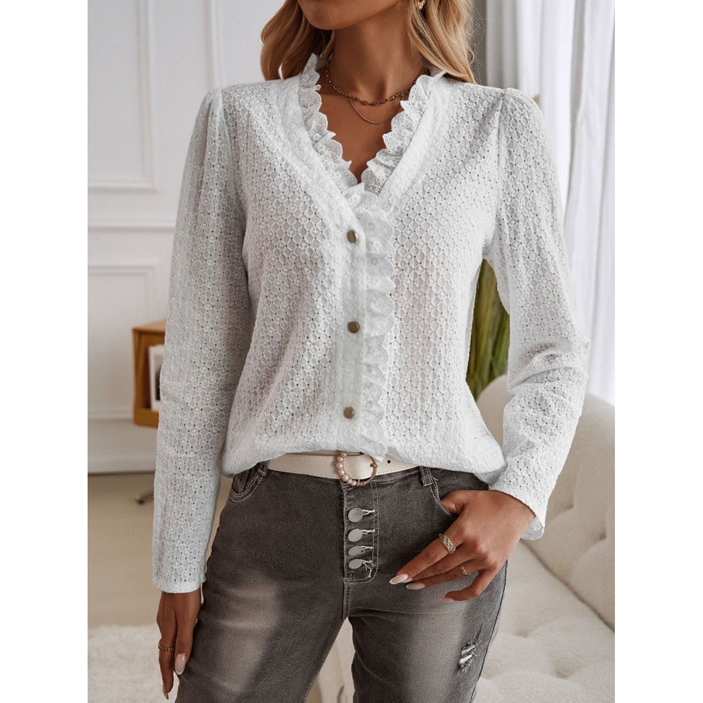 Devine Frill V-Neck Long Sleeve Shirt