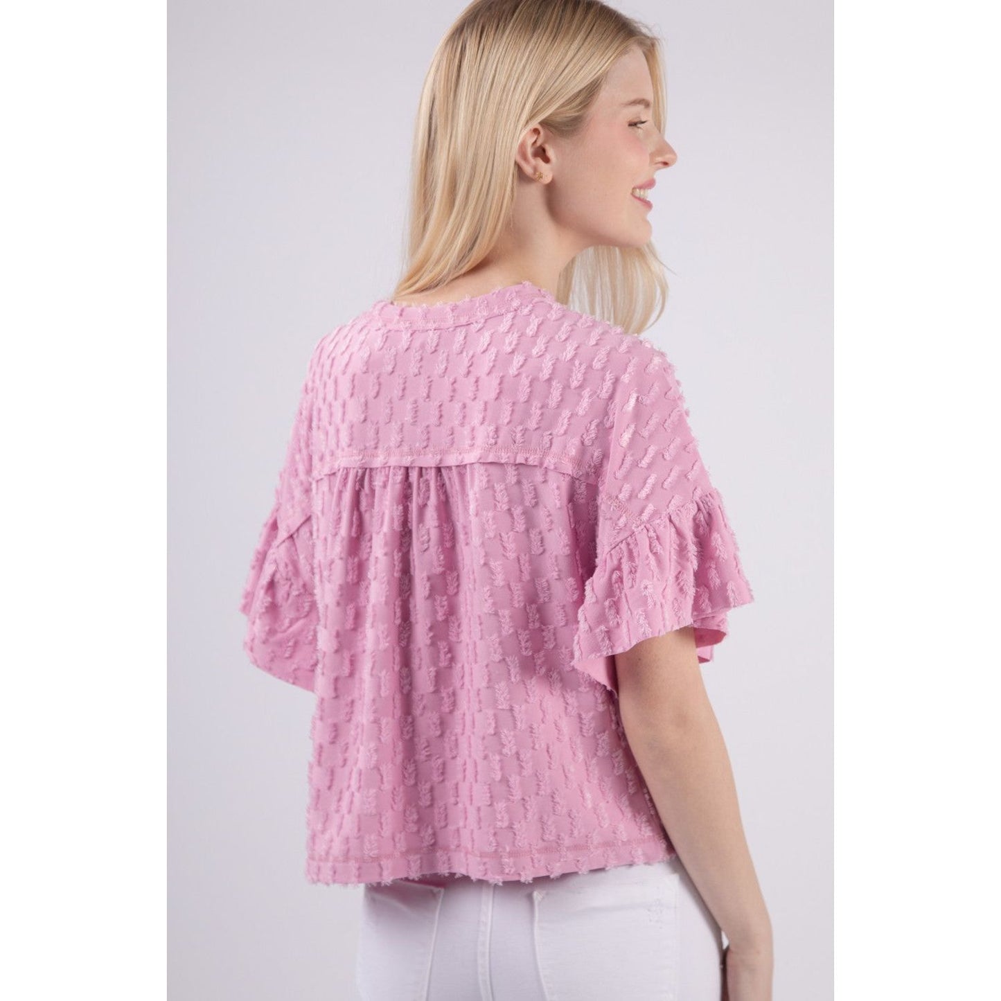 VERY J Full Size Texture Ruffle Short Sleeve Top