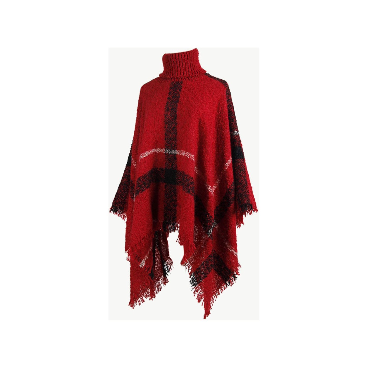 Plaid Turtleneck Raw Hem Poncho