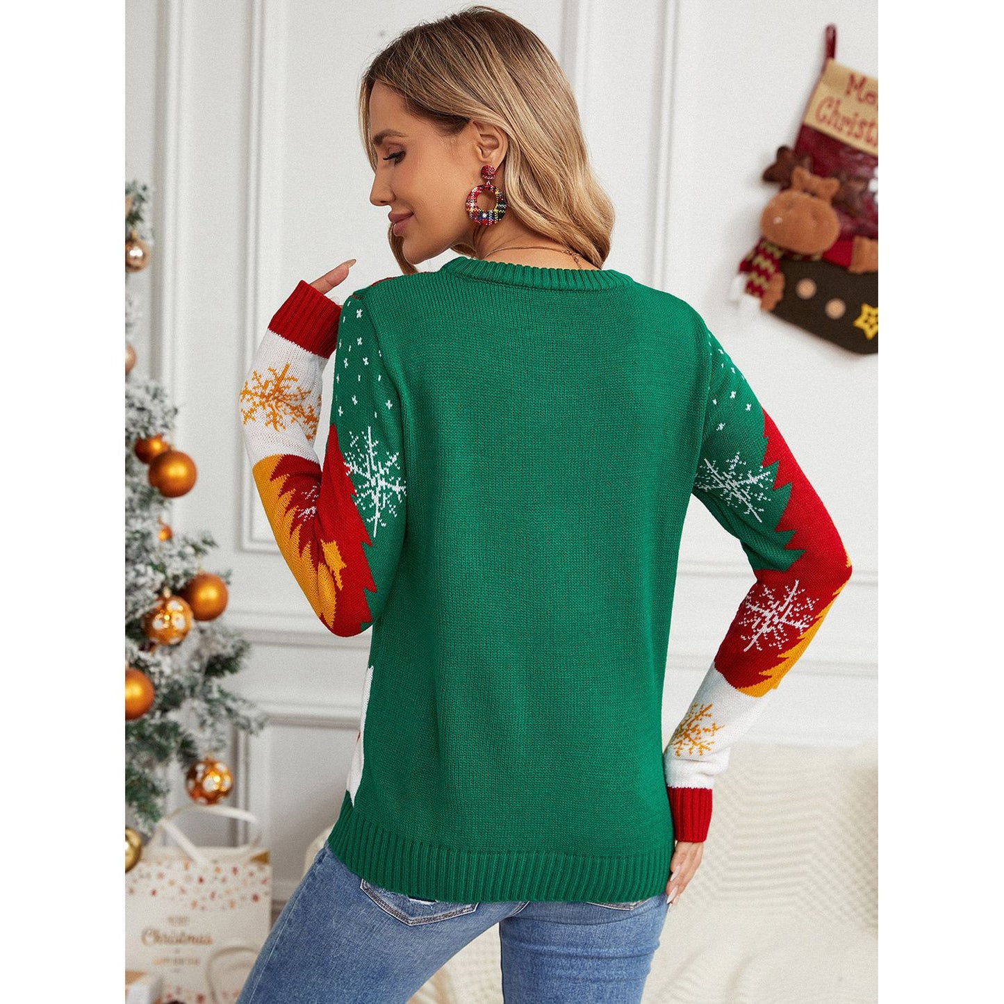 Printed Round Neck Long Sleeve Sweater