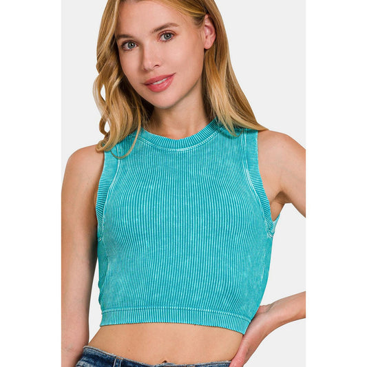 Zenana Washed Ribbed Seamless Crop Tank with Bra Pad