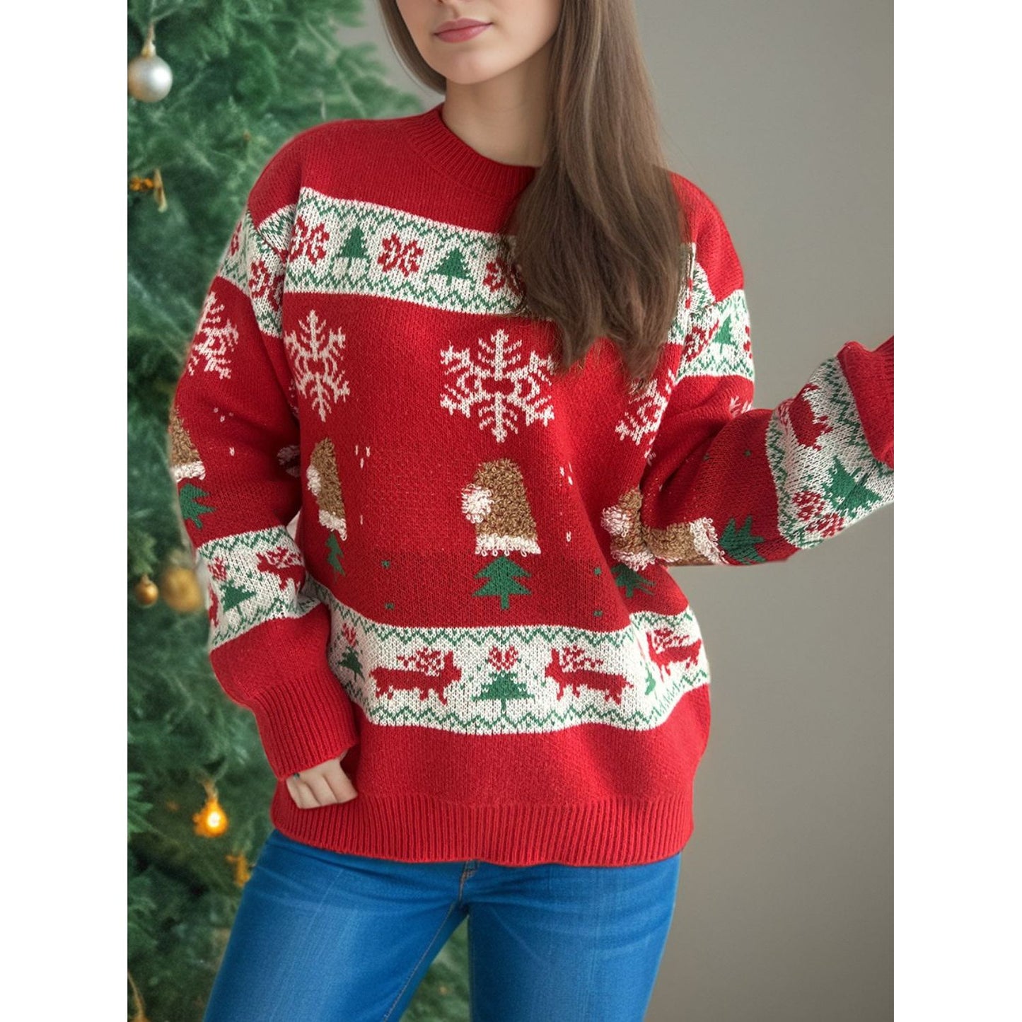 Christmas Element Round Neck Long Sleeve Sweater