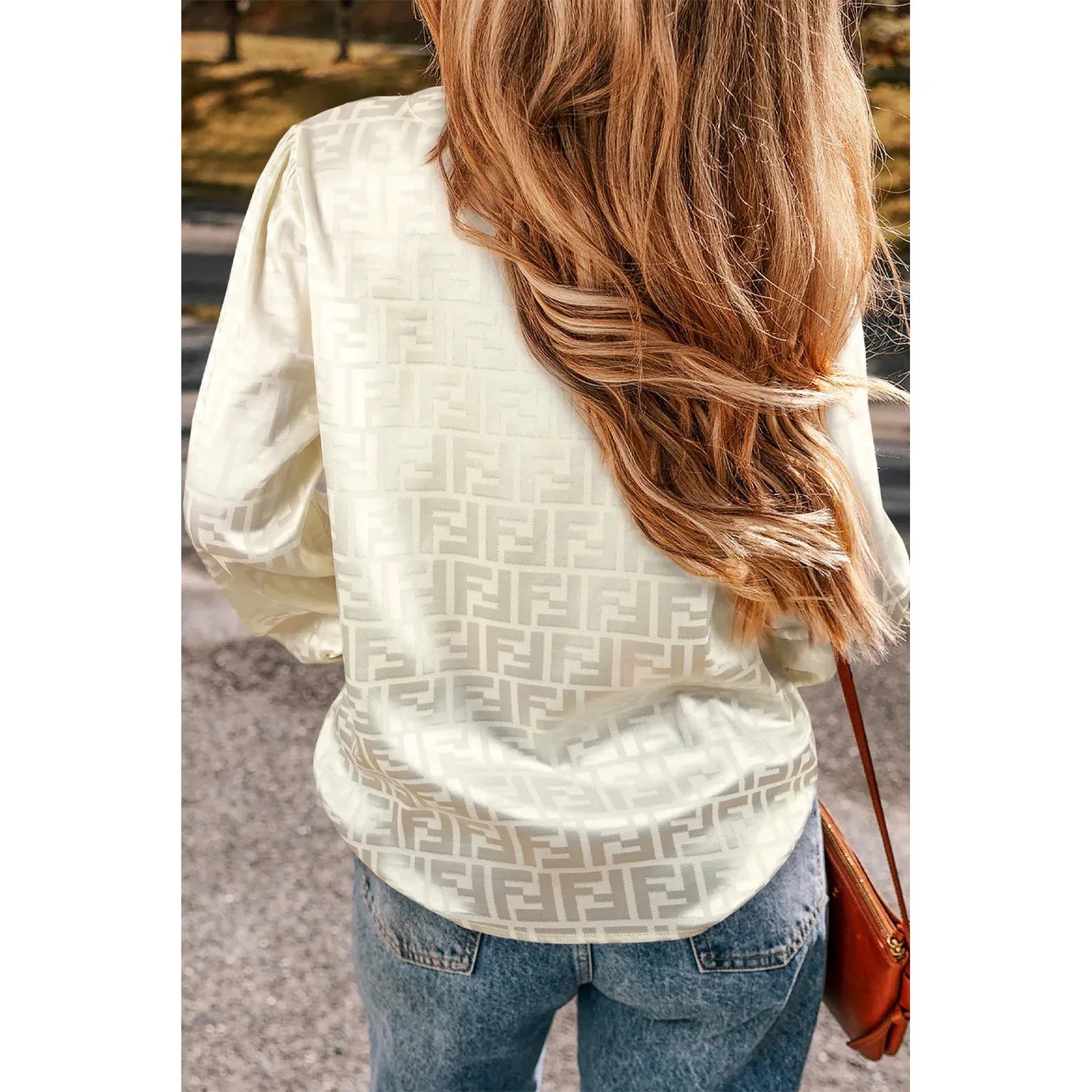 Geometric V-Neck Long Sleeve Blouse