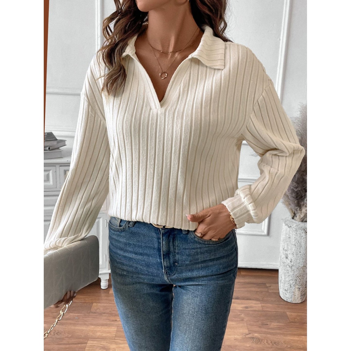 Ribbed Johnny Collar Long Sleeve T-Shirt