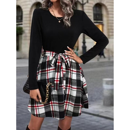 Tied Plaid Round Neck Long Sleeve Dress