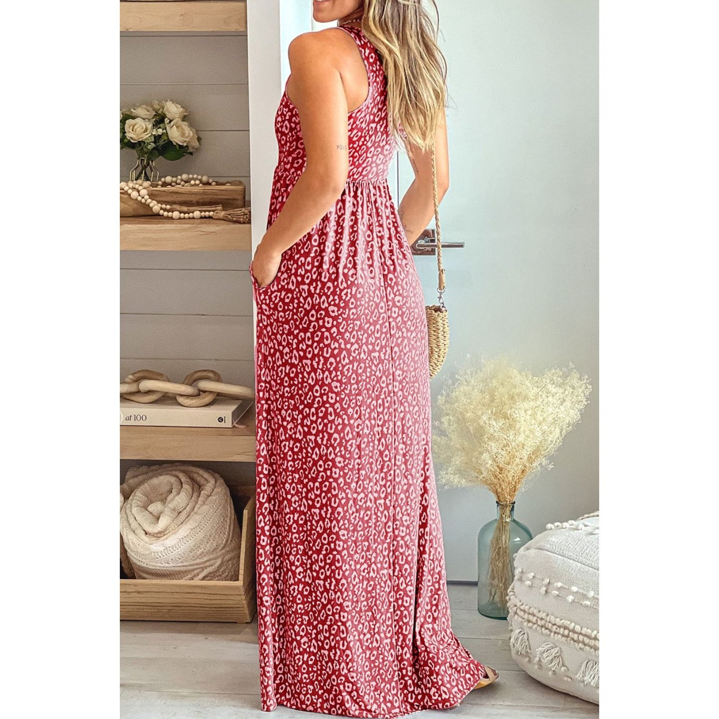 Leopard Round Neck Sleeveless Maxi Dress