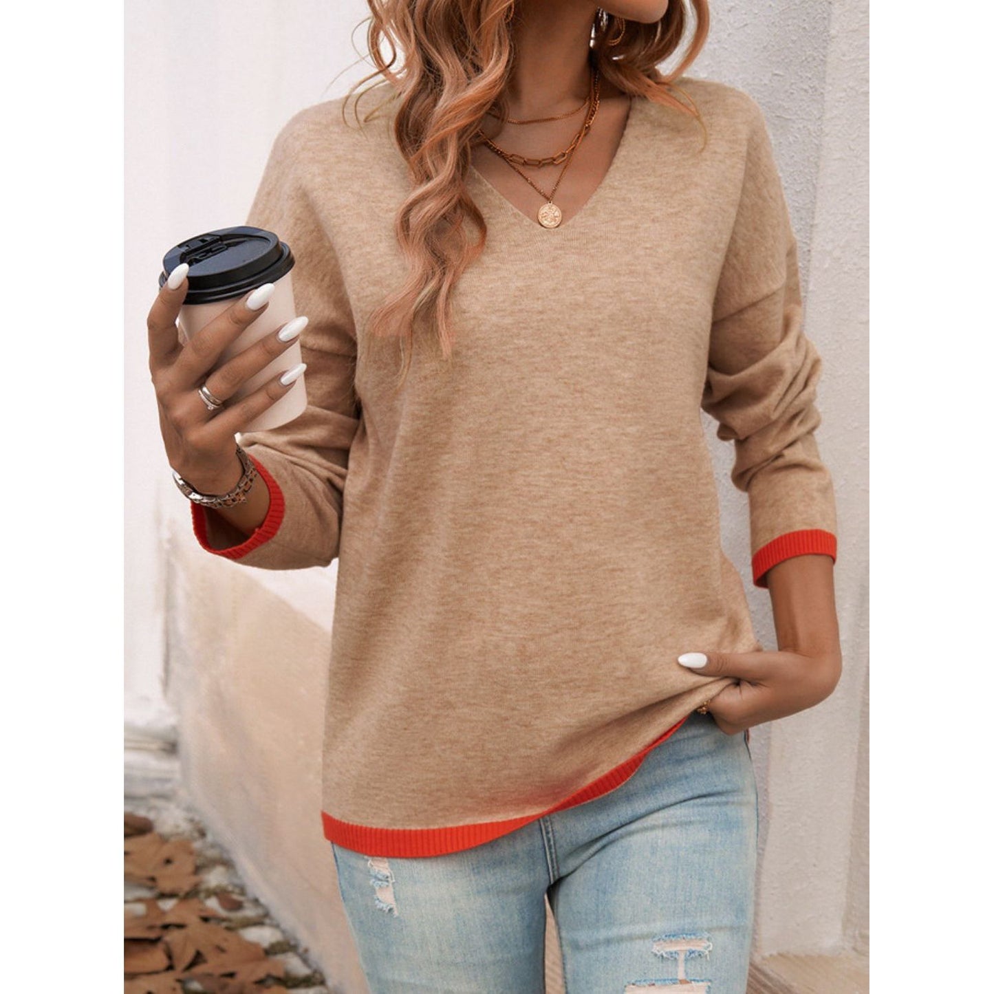 Devine Contrast Trim V-Neck Dropped Shoulder Sweater
