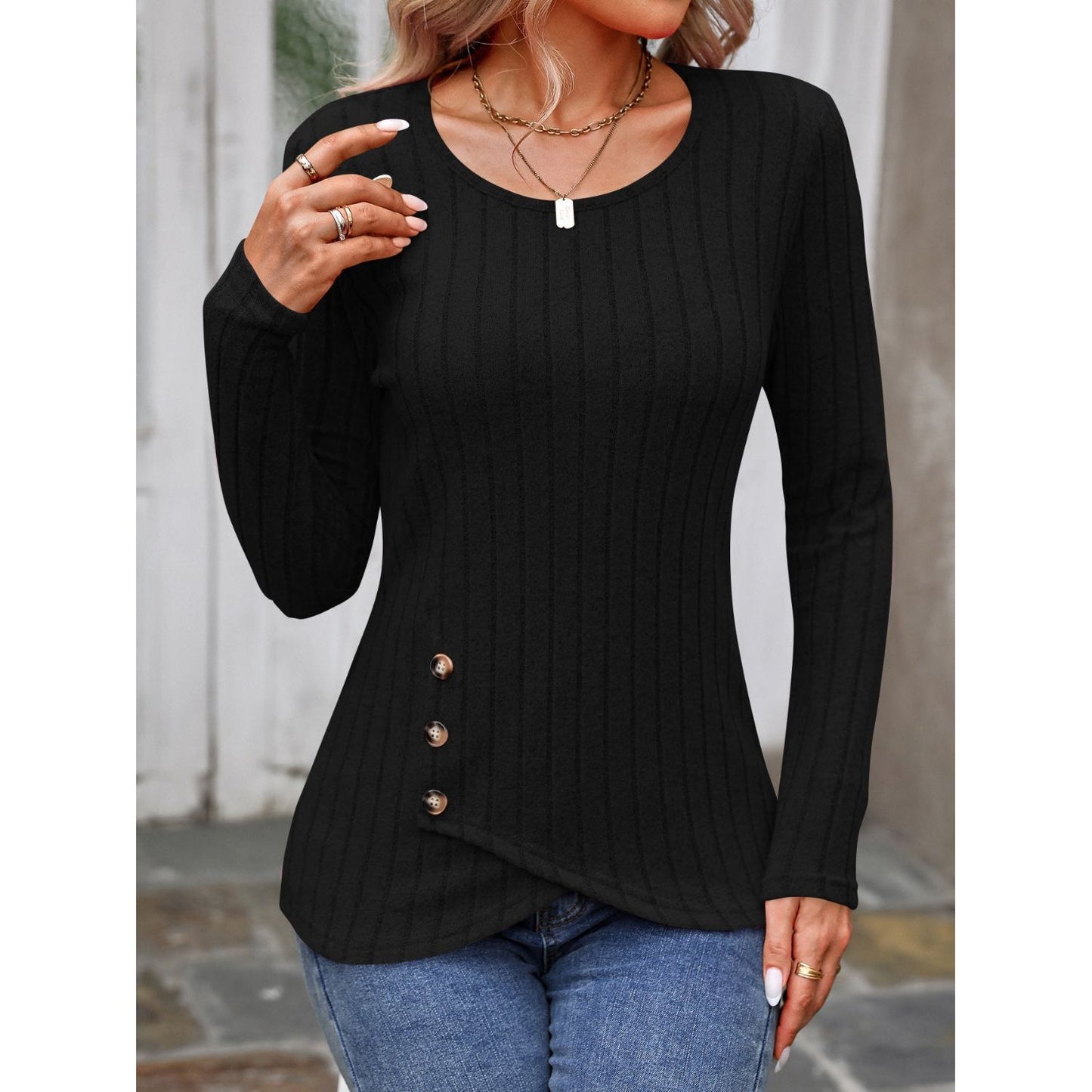 Decorative Button Round Neck Long Sleeve T-Shirt