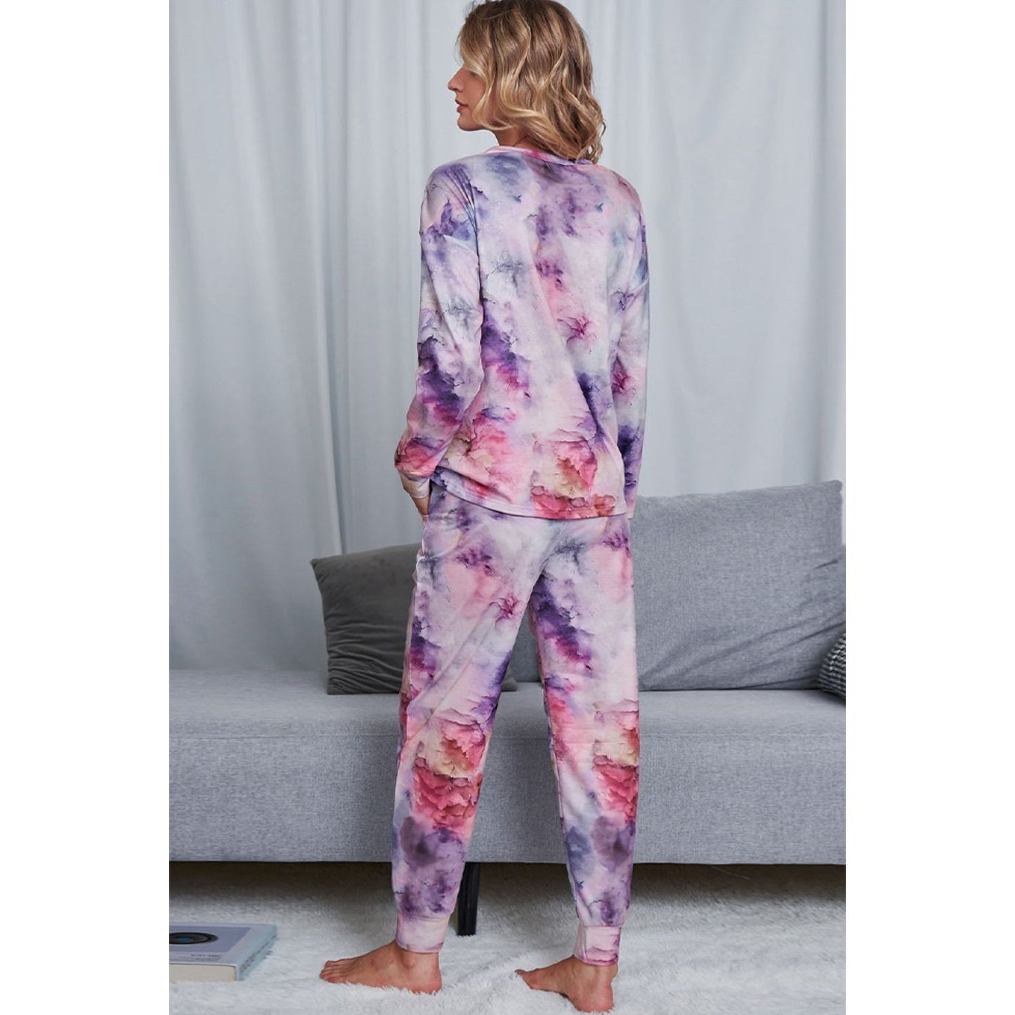 Shiny Tie-Dye Crewneck Top and Drawstring Waist Joggers Lounge Set